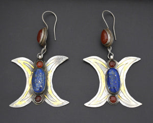 Huge Gilded Turkmen Earrings with Lapis and Carnelian