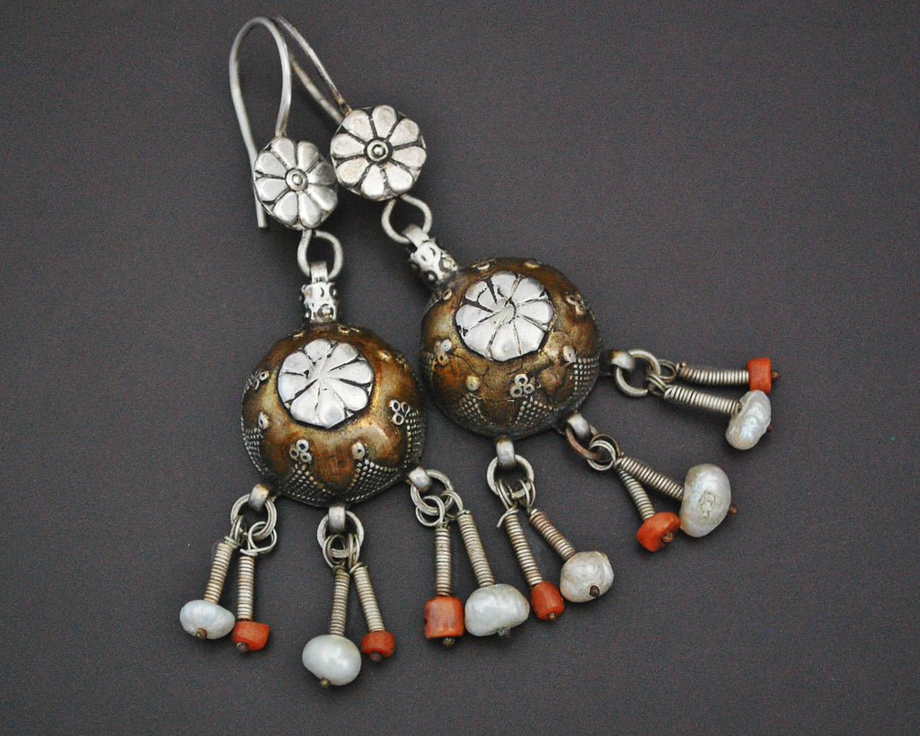 Vintage Kazakh Silver Gilded Earrings with Coral and Pearls