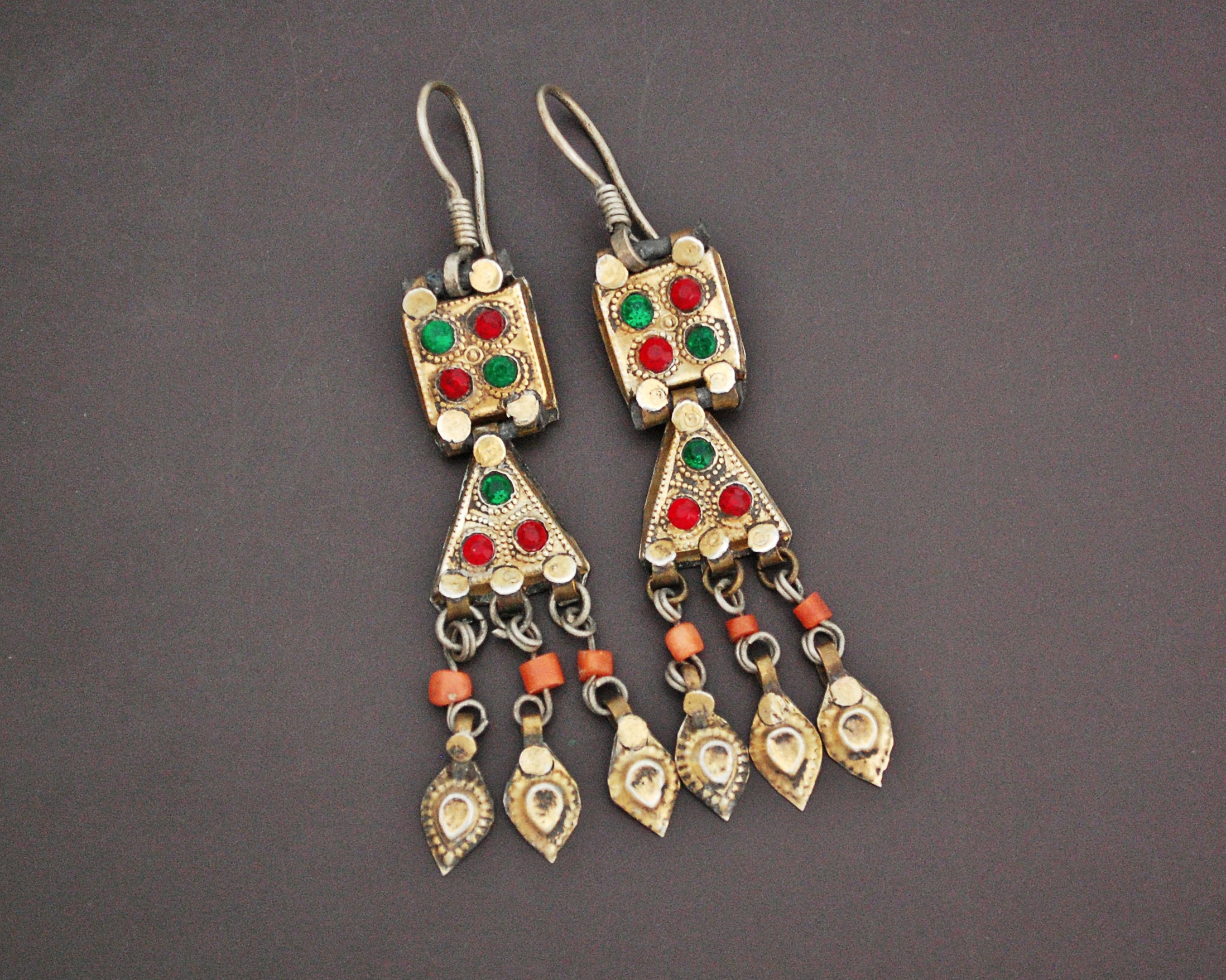 Uzbek Gilded Coral and Glass Earrings