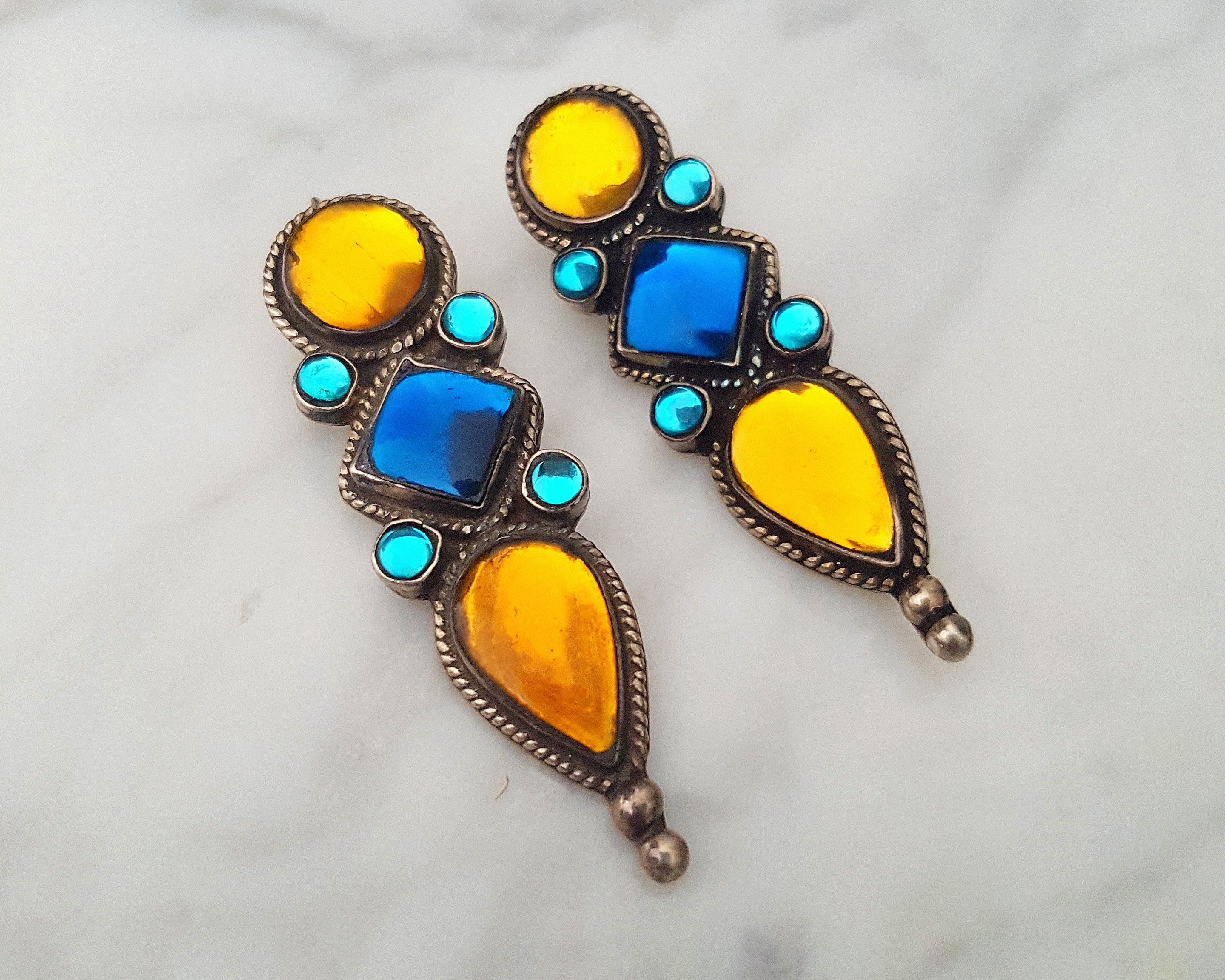 Rajasthani Earrings with Blue and Orange Glass
