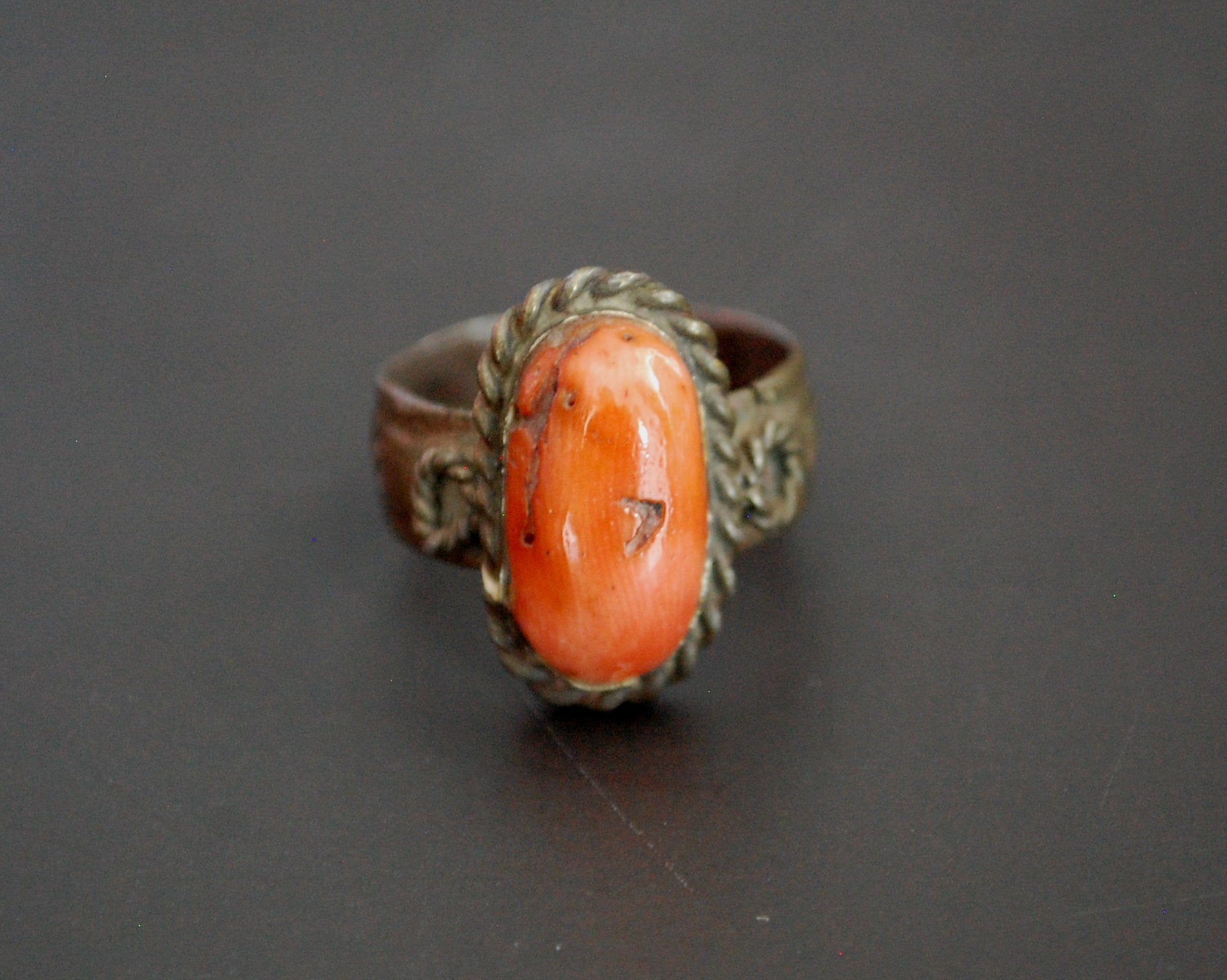 Old Yemeni Bedouin Coral Ring - Size 4.75