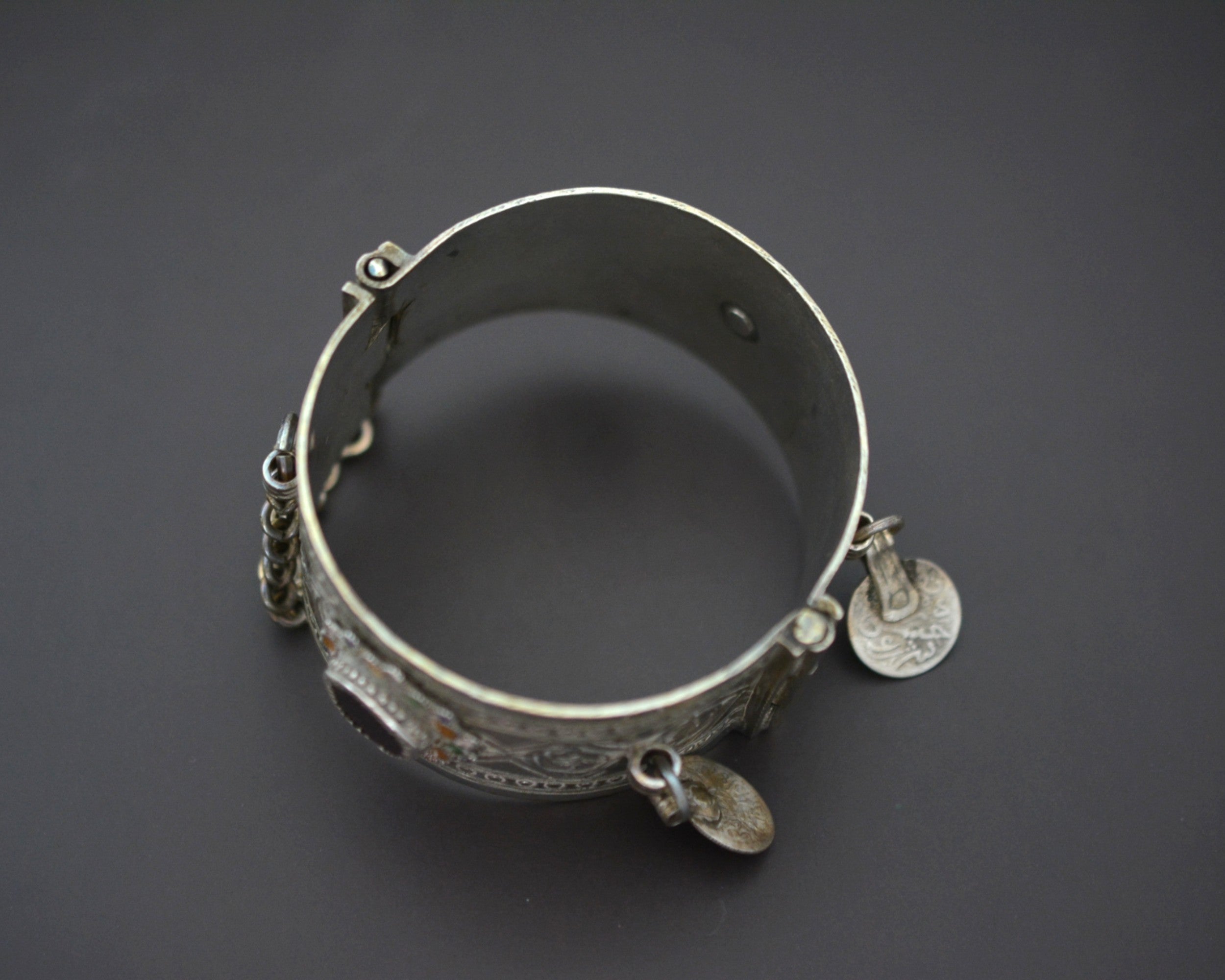 Berber Hinged Enamel Bracelet with Glass and Coins