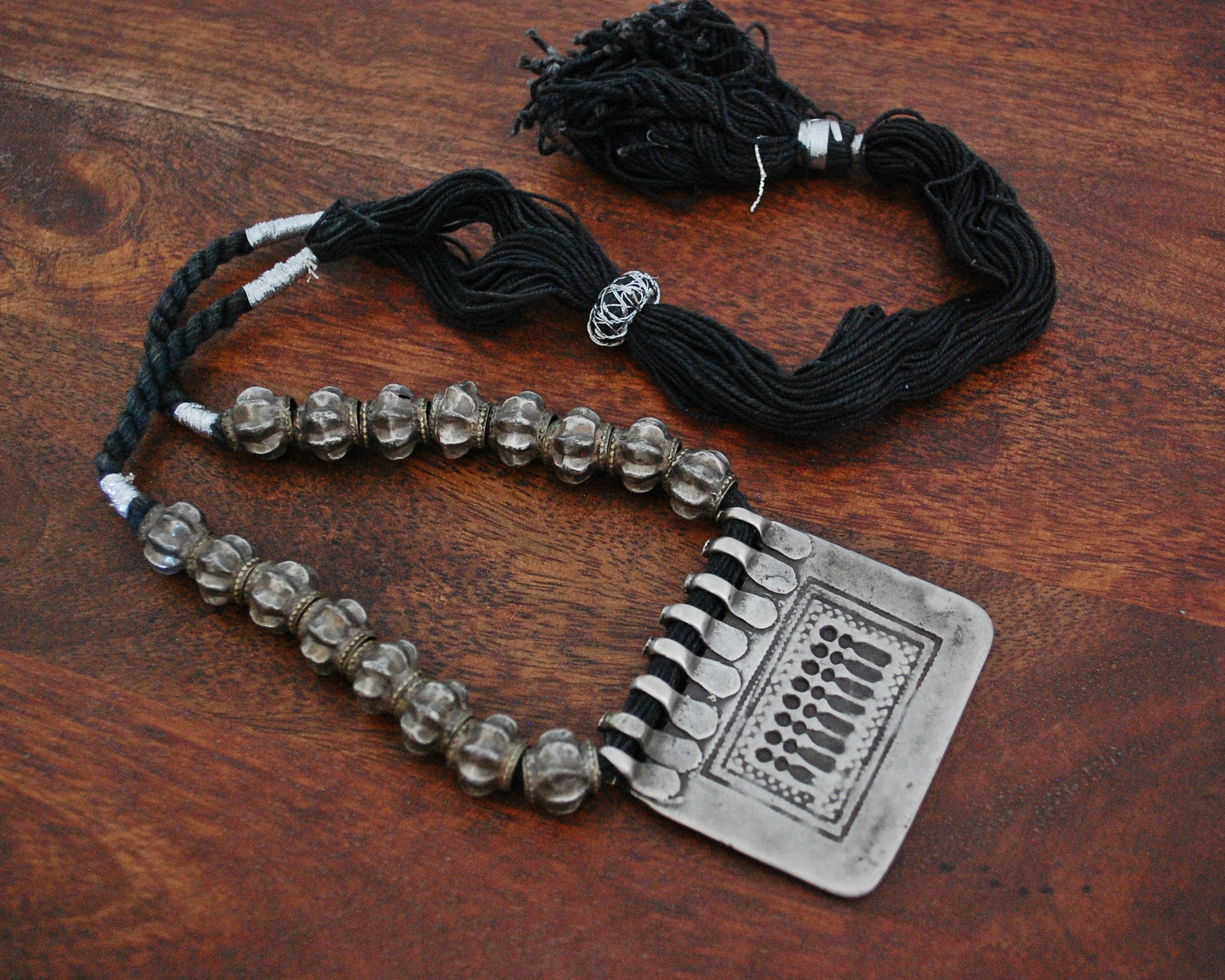 Rajasthani Sapta Matrika Silver Necklace on Cotton Cord