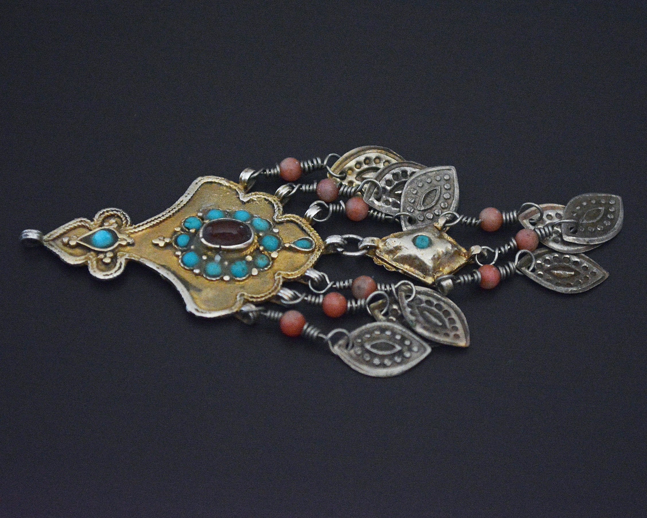 Gilded Uzbek Coral Turquoise Pendant