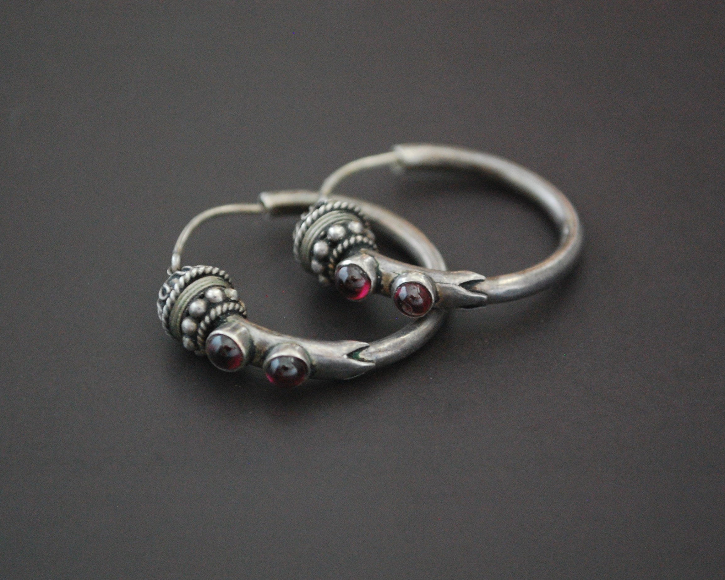 Ethnic Bali Hoop Earrings with Garnet