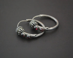 Ethnic Bali Hoop Earrings with Garnet