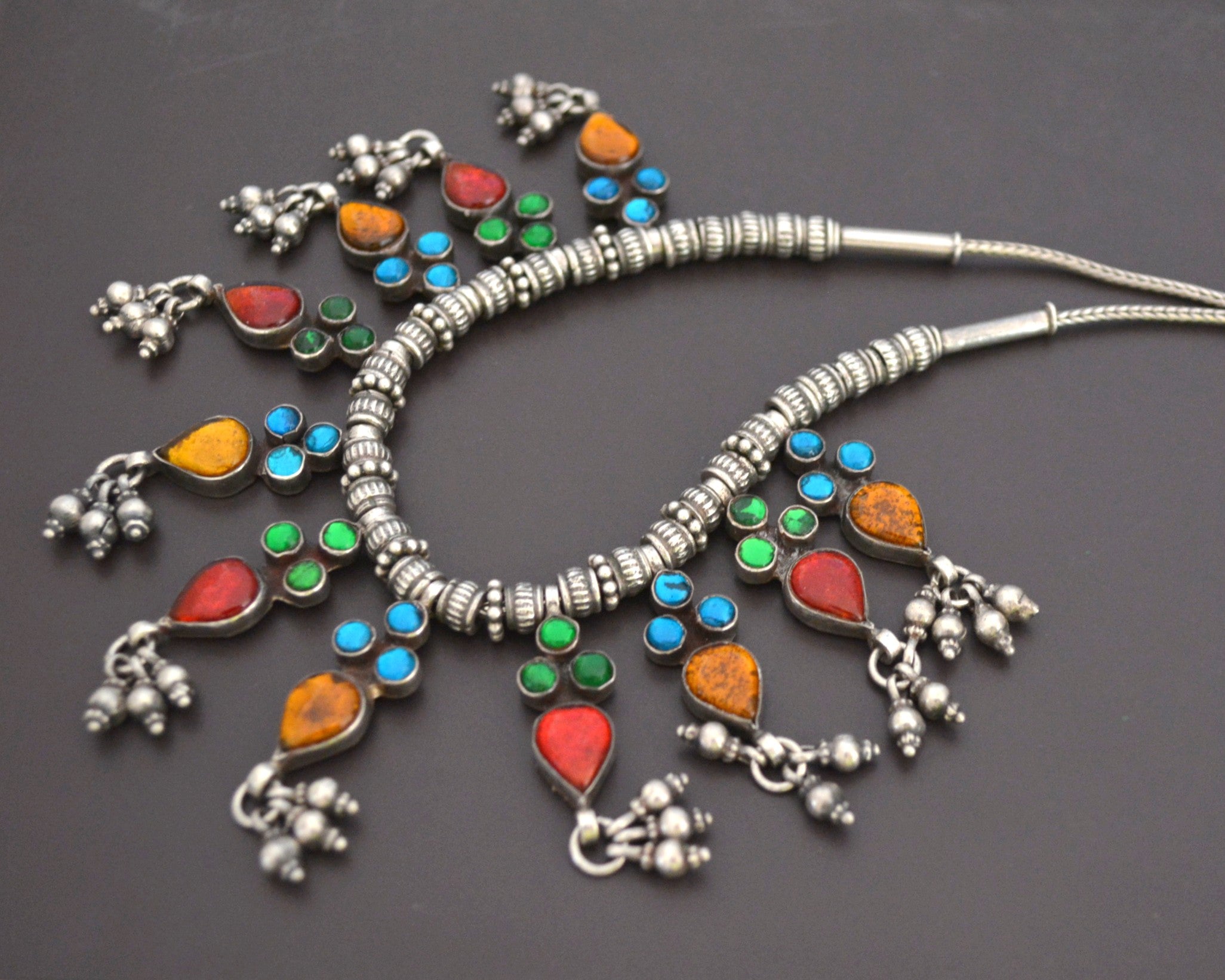 Colorful Rajasthani Silver Necklace with Glass Inserts