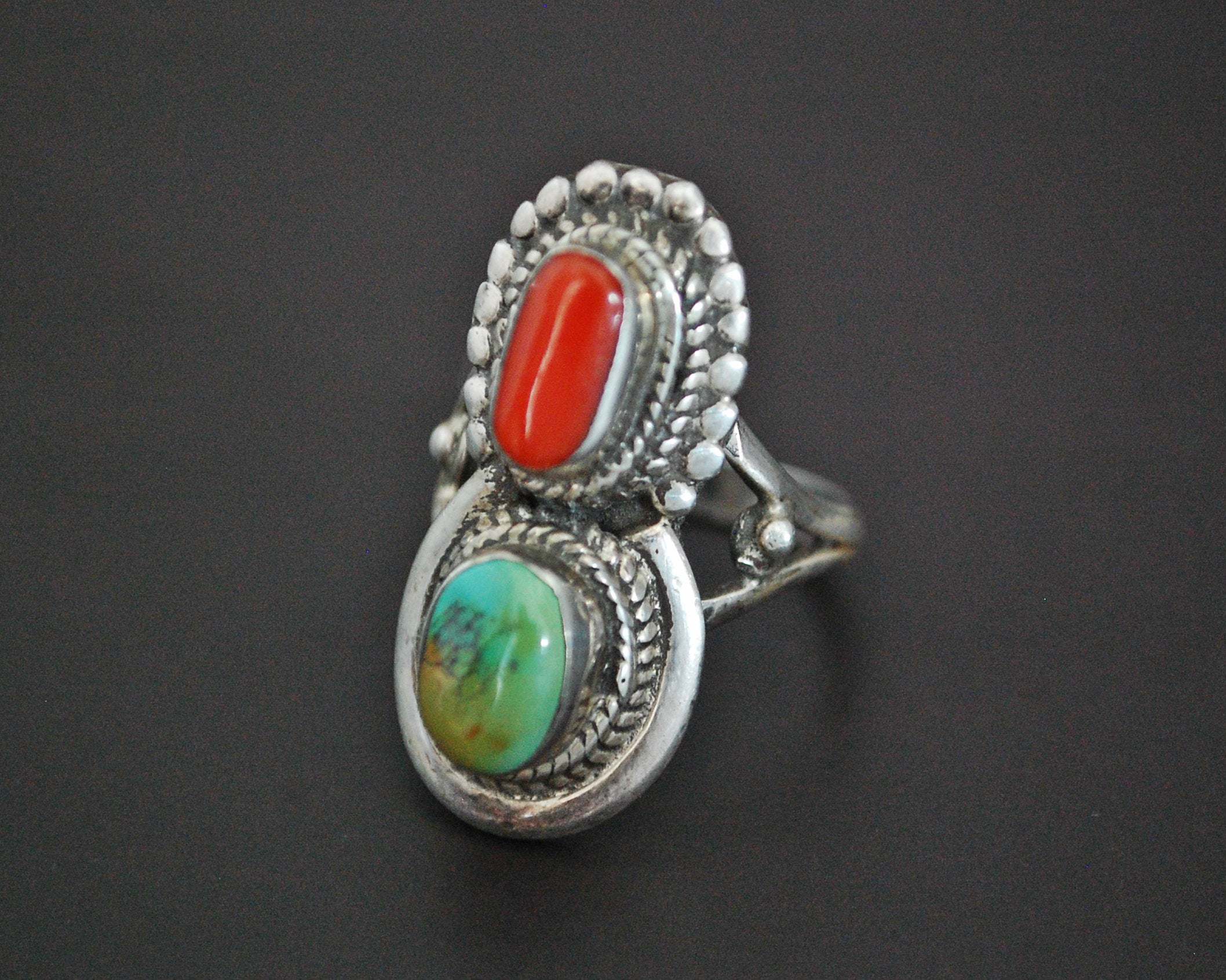 Vintage Nepali Coral Turquoise Ring - Size 5.25