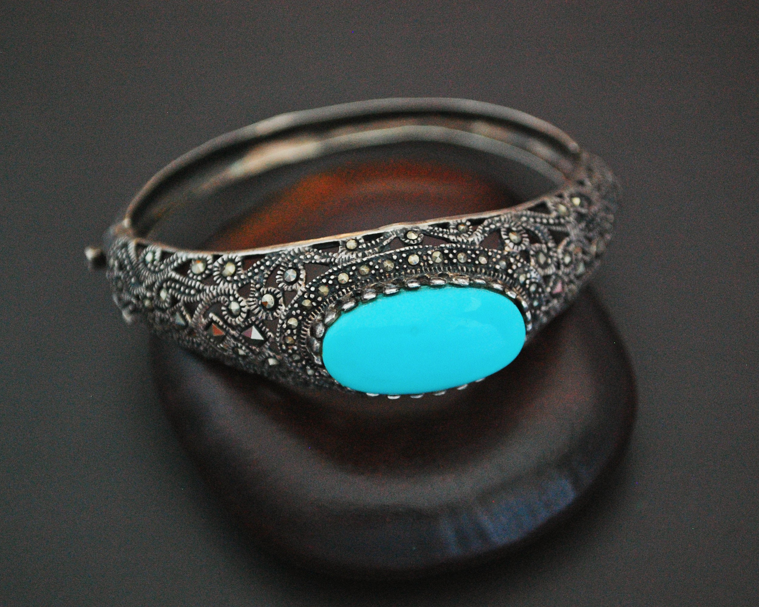 Gorgeous Turquoise and Marcasite Hinged Bracelet