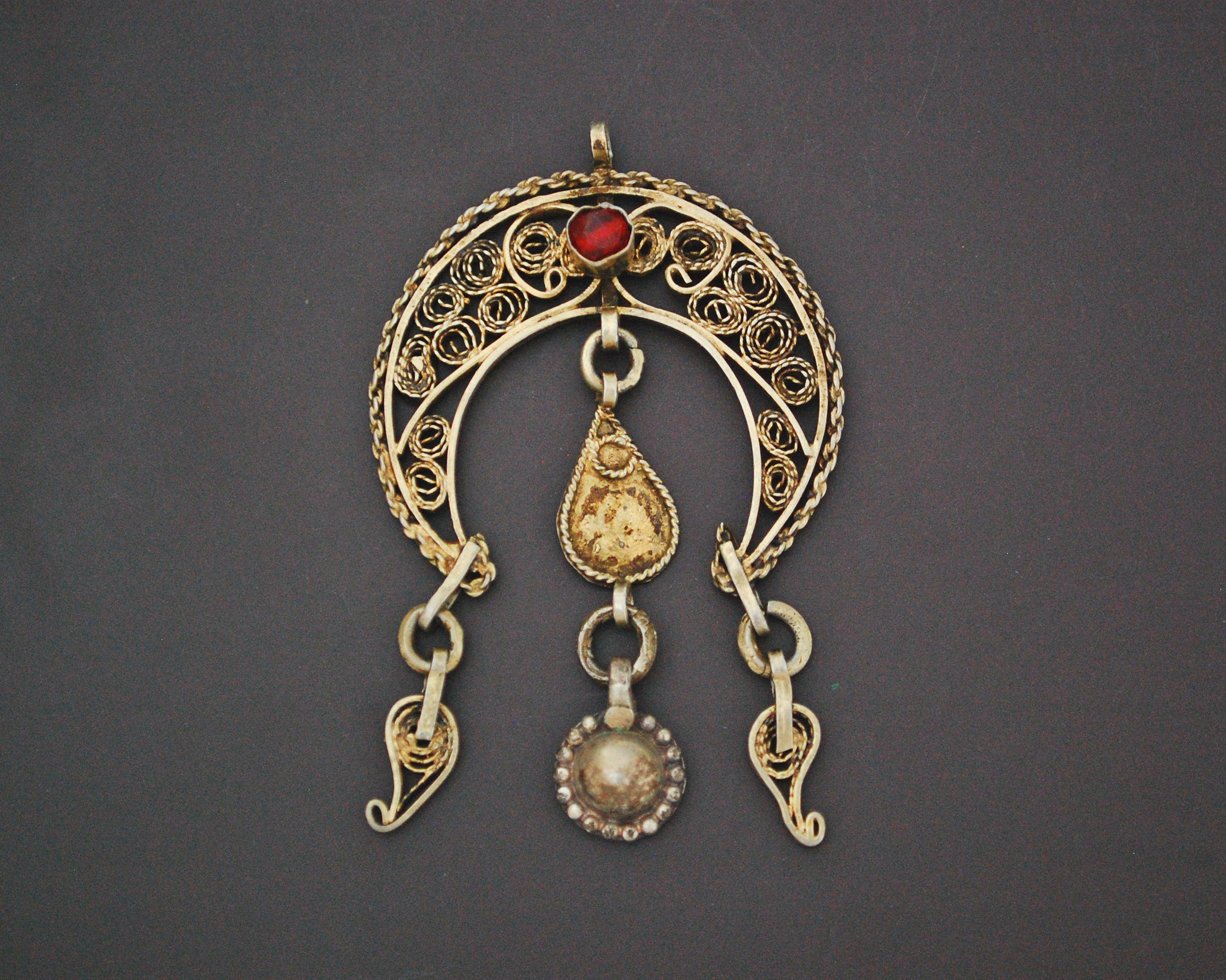 Tunisian Gilded Filigree Crescent Pendant with Red Glass