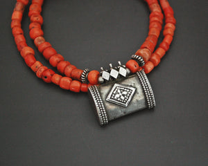 Old Yemeni Coral Silver Amulet Pendant Necklace