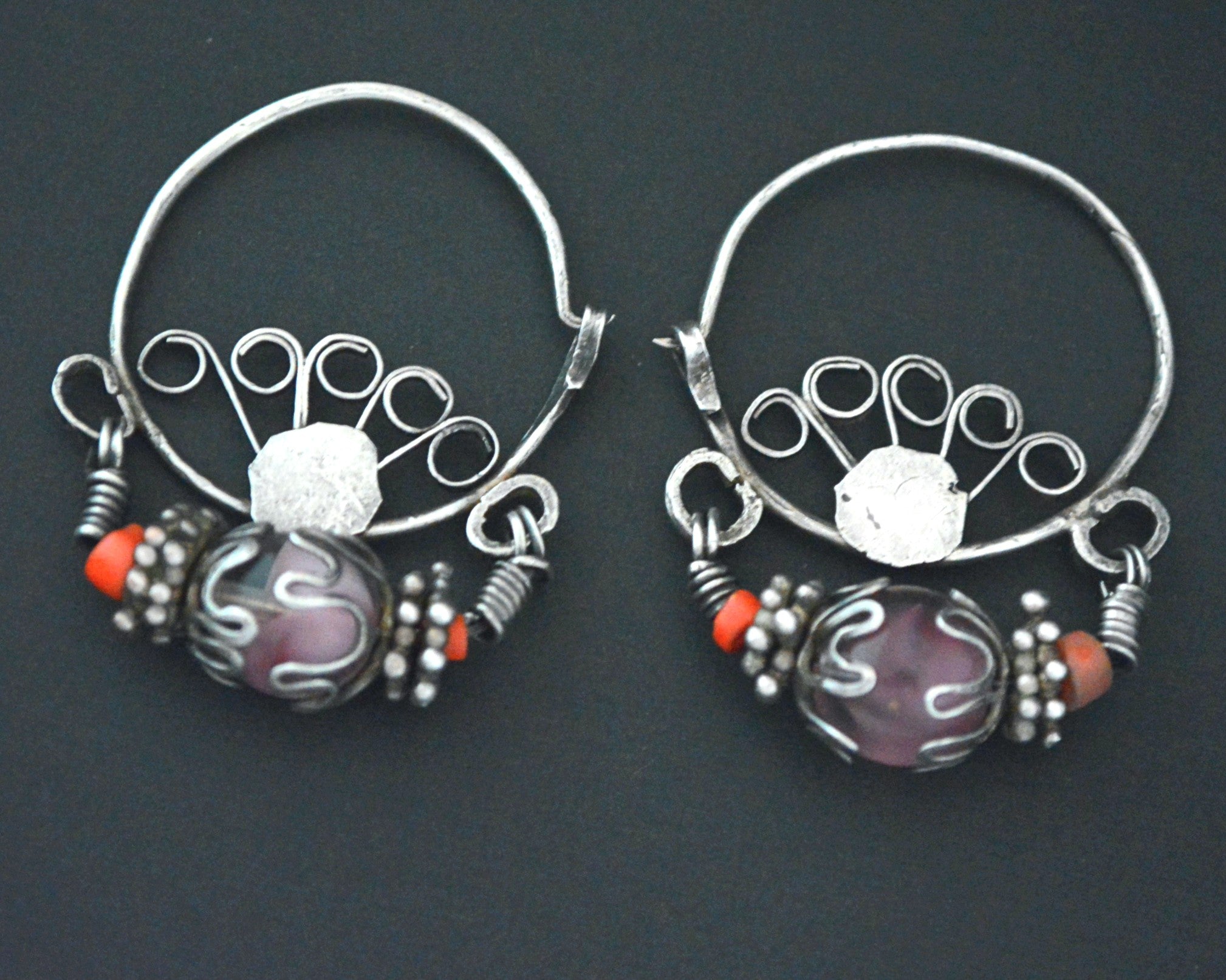 Uzbek Coral and Glass Hoop Earrings