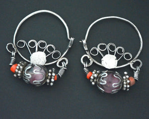 Uzbek Coral and Glass Hoop Earrings