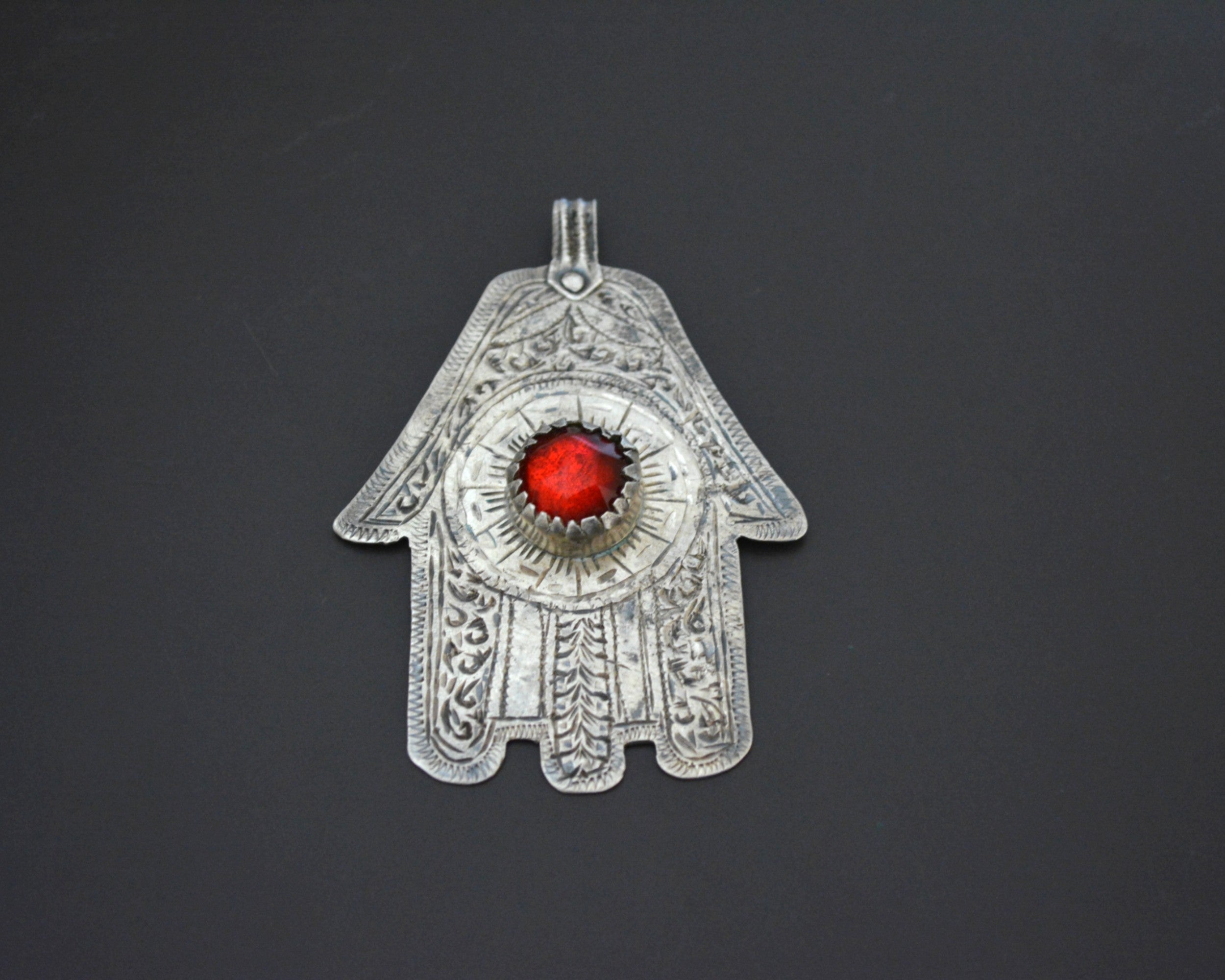 Large Hamsa Pendant with Red Glass