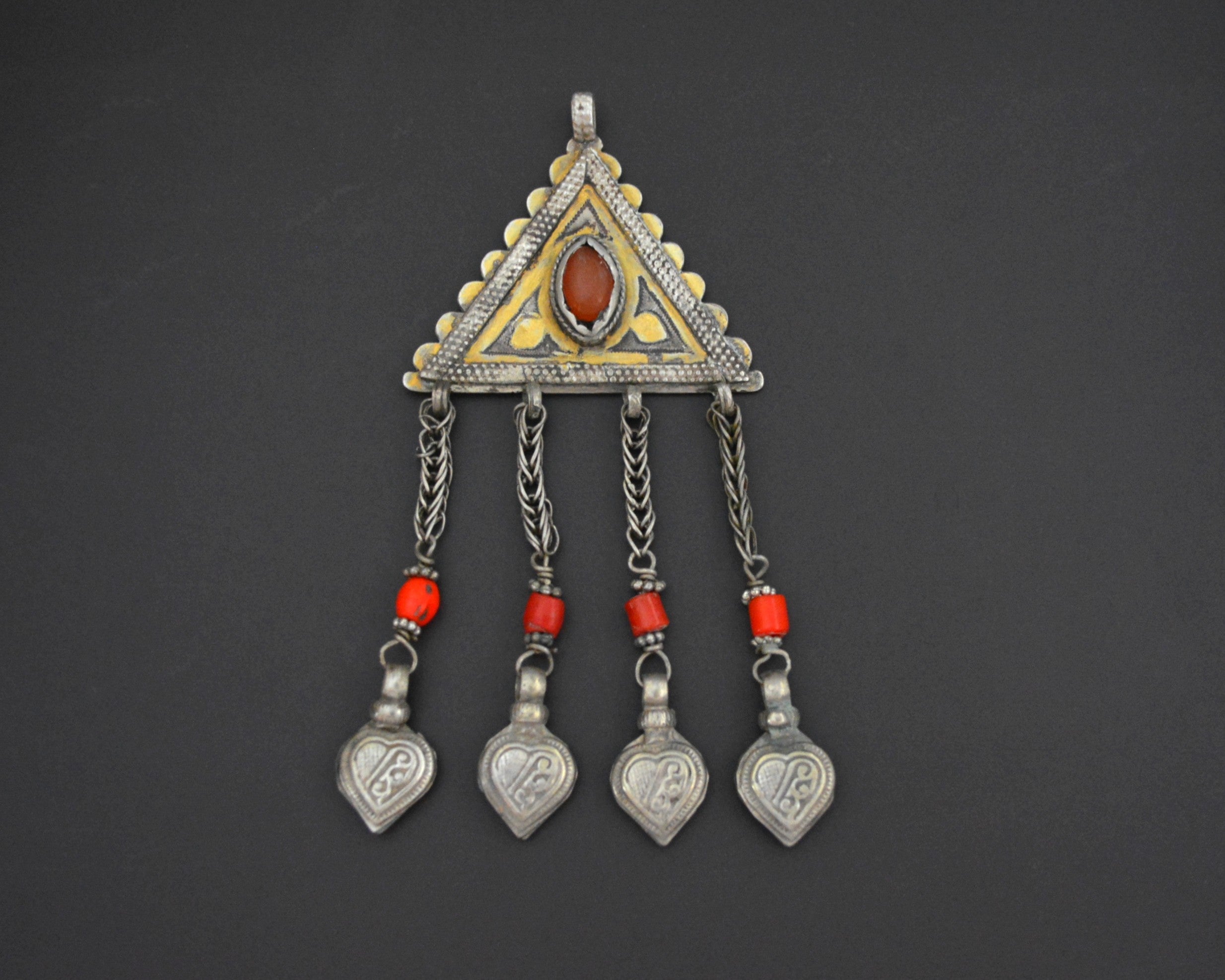 Turkmen Gilded Silver Carnelian and Glass Pendant