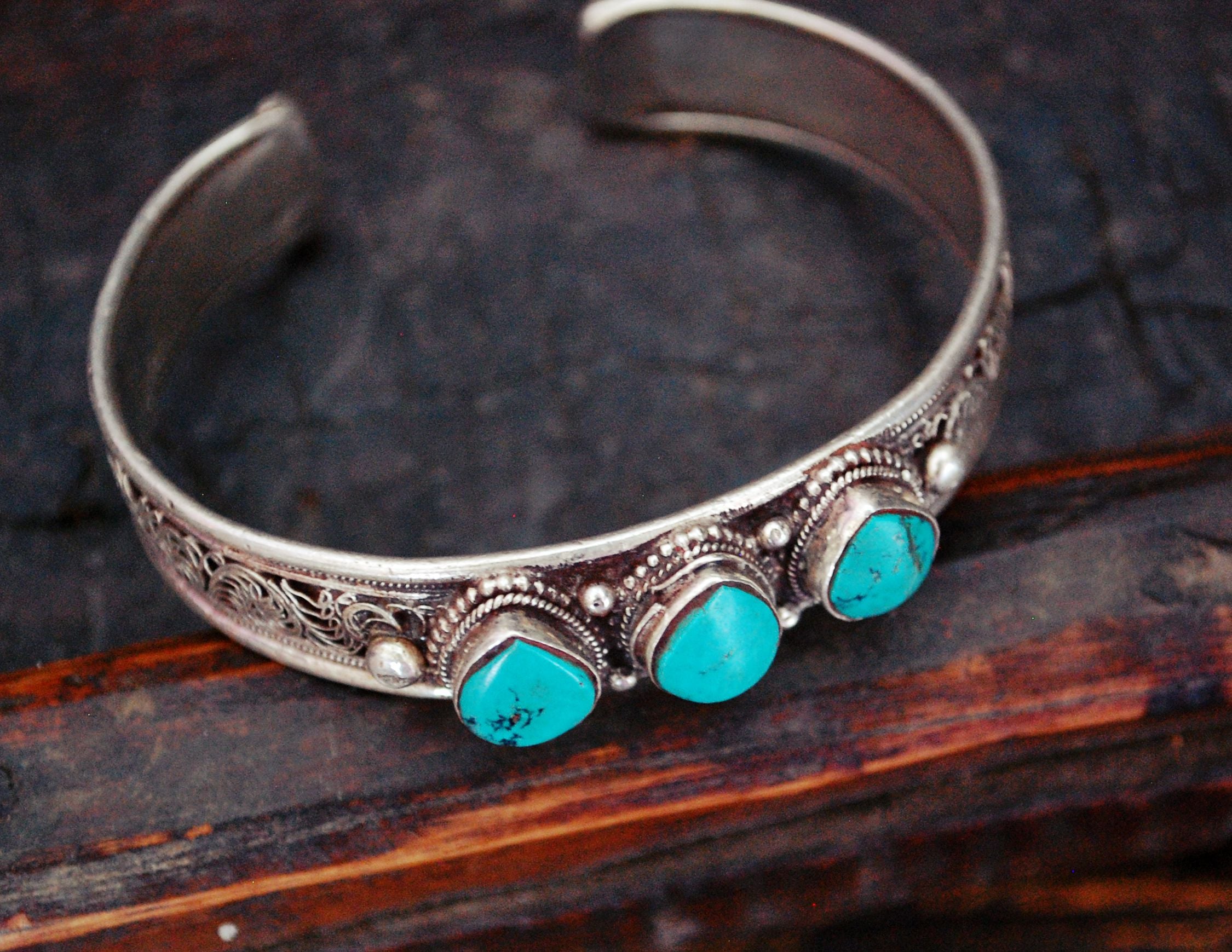 Nepali Turquoise Cuff Bracelet with Filigree Work