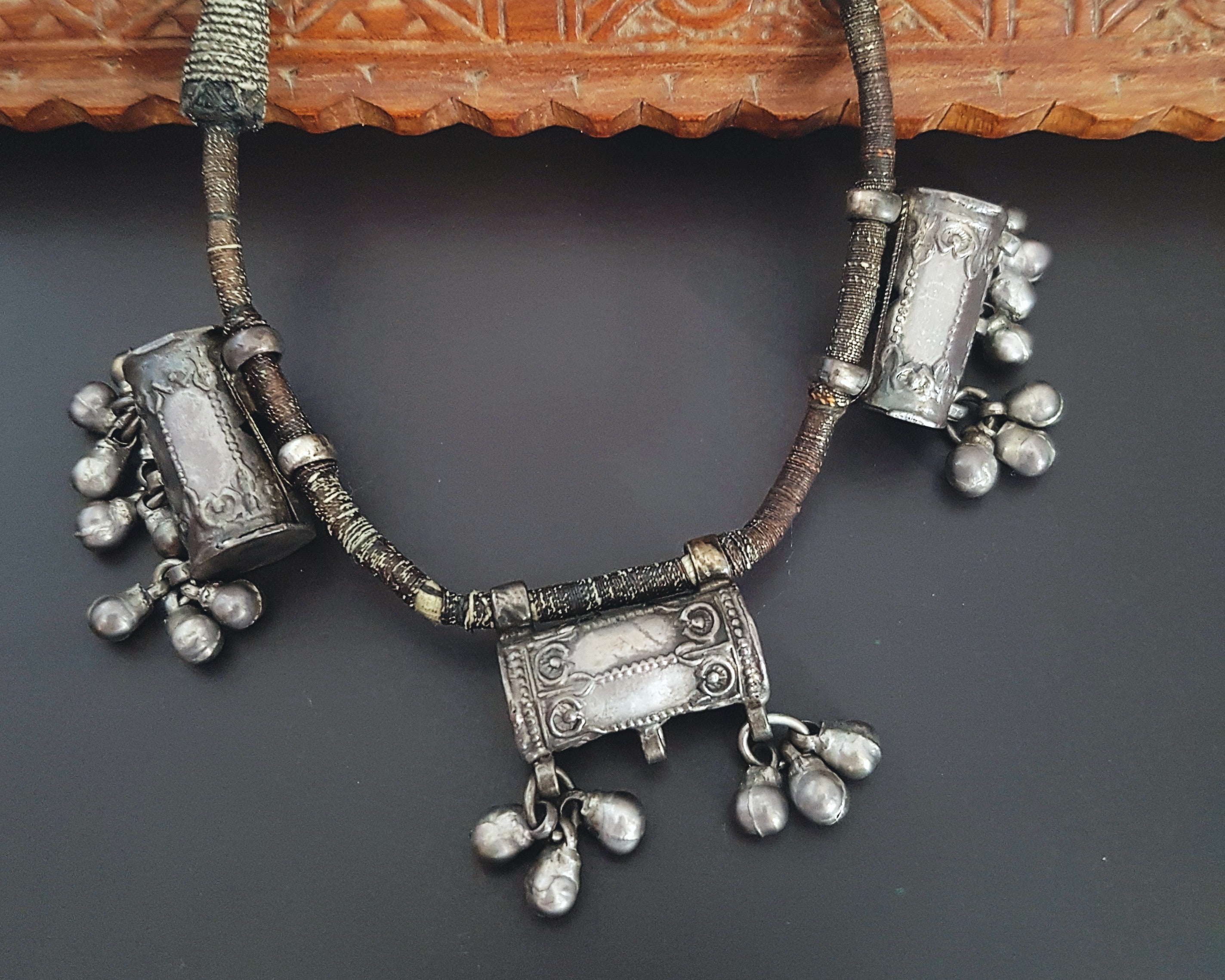 Old Rajasthani Silver Taviz Cotton Necklace