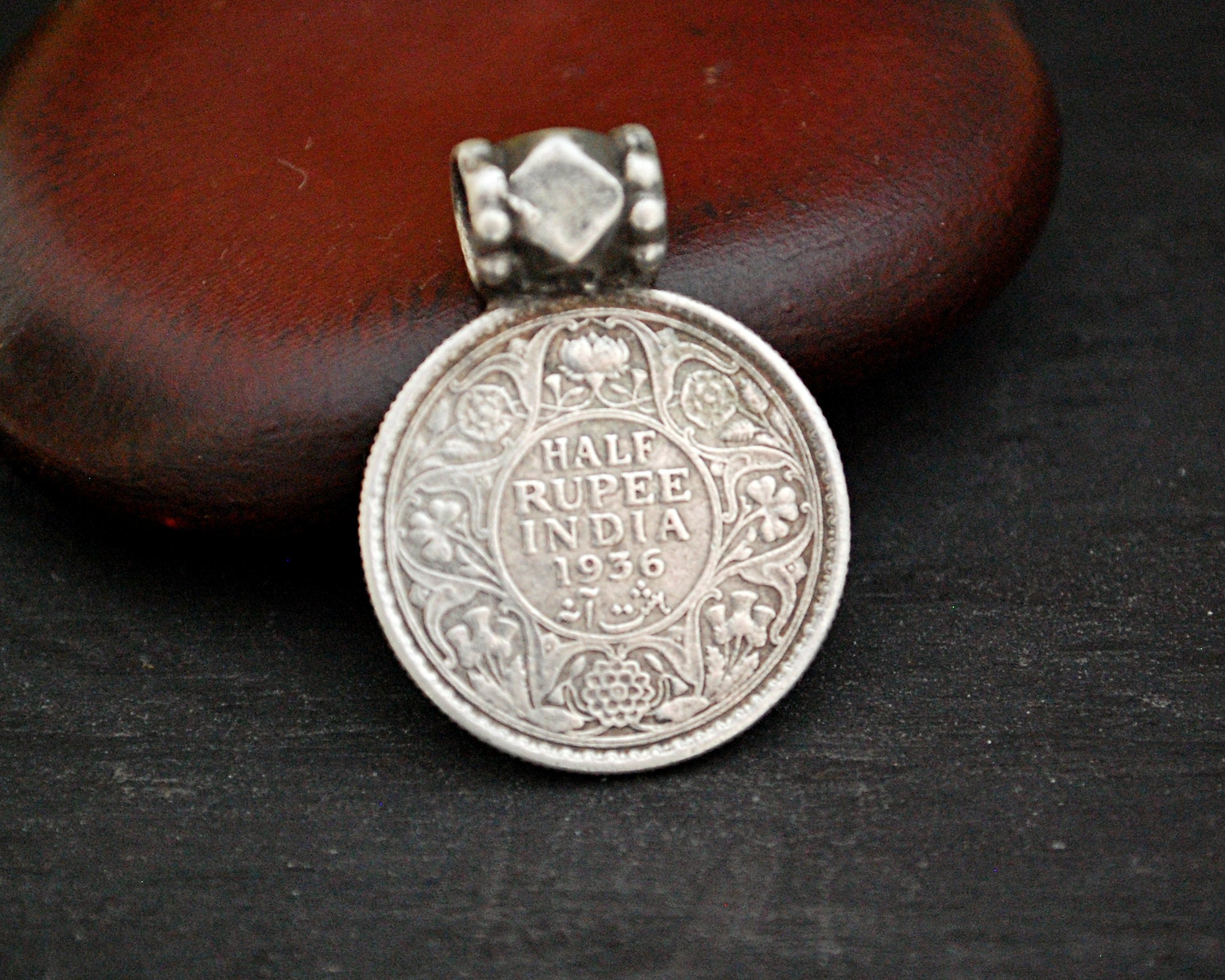 Antique Indian Half Rupee Coin Pendant 1936
