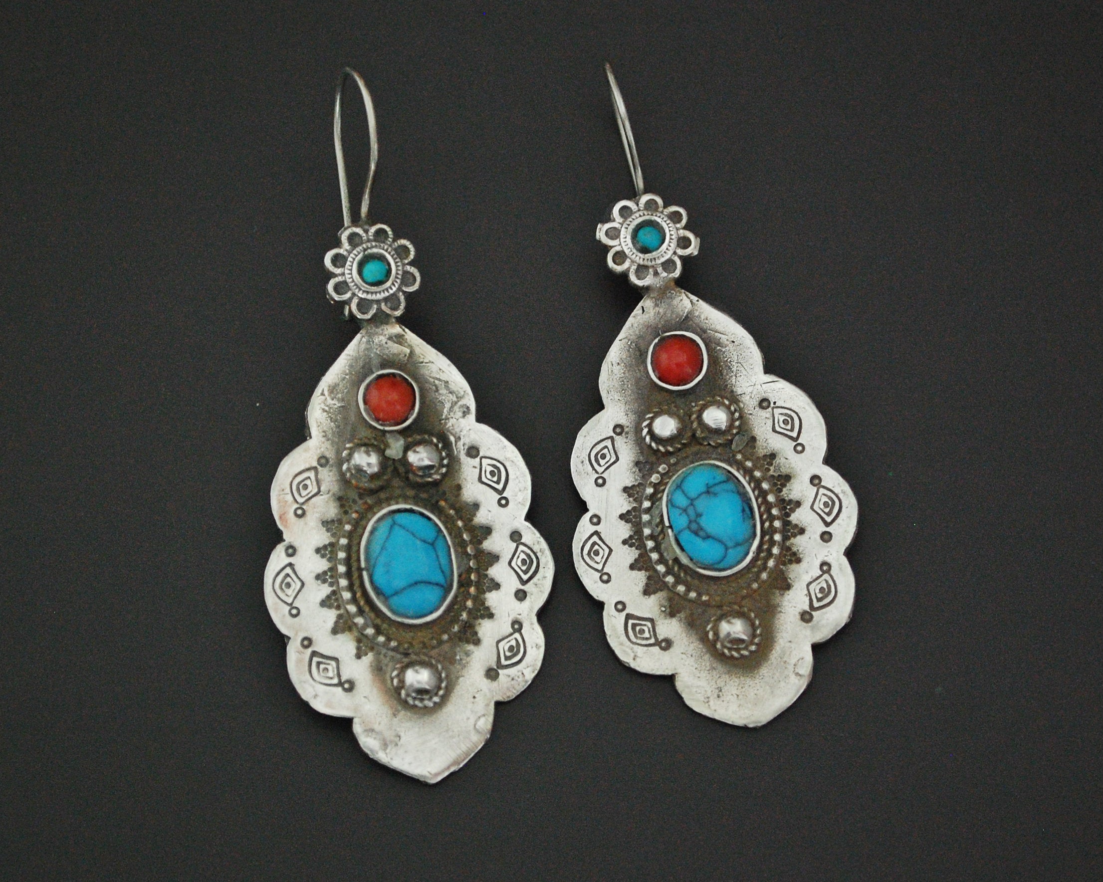 Turkmen Earrings with Coral and Turquoise