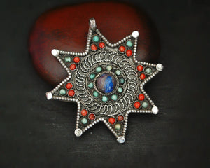 Nepali Star Pendant with Lapis Lazuli, Coral and Turquoise