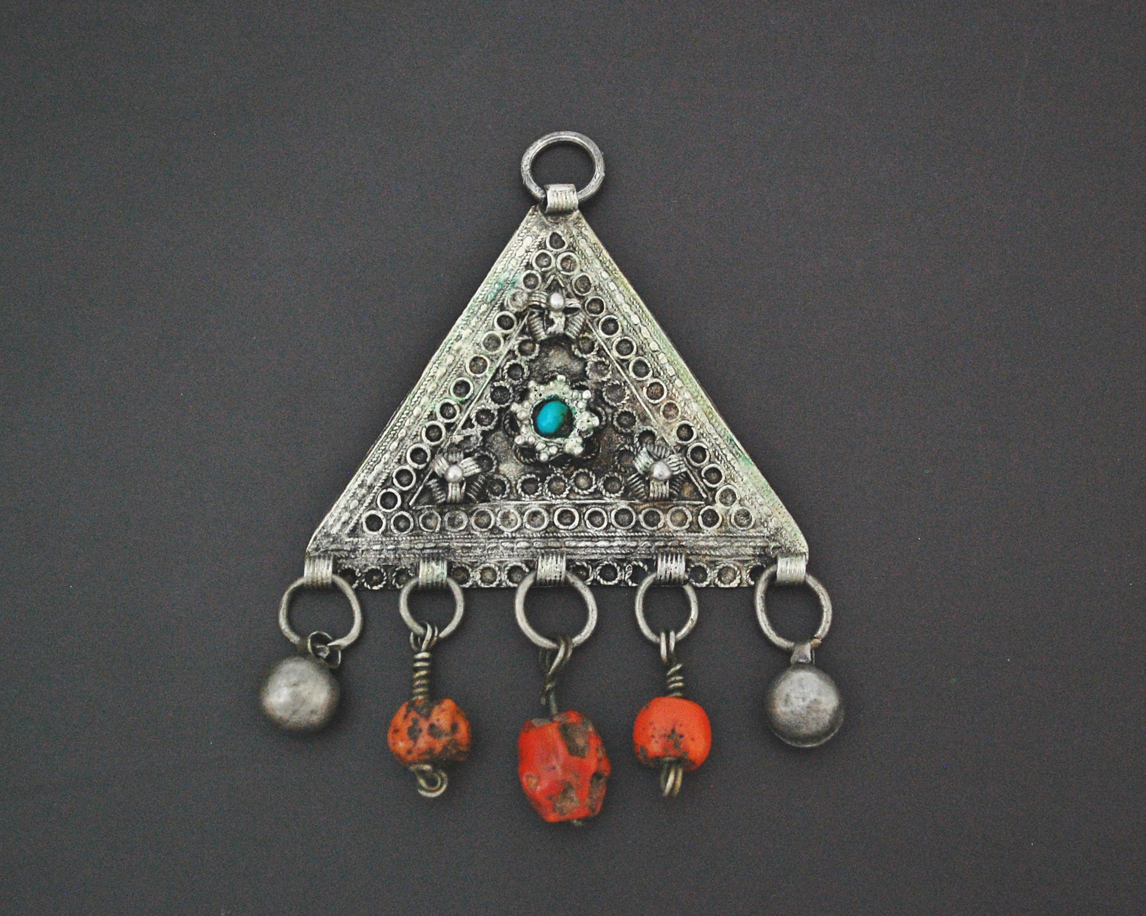 Central Asian Coral Turquoise Triangle Shaped Amulet Pendant
