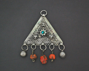 Central Asian Coral Turquoise Triangle Shaped Amulet Pendant
