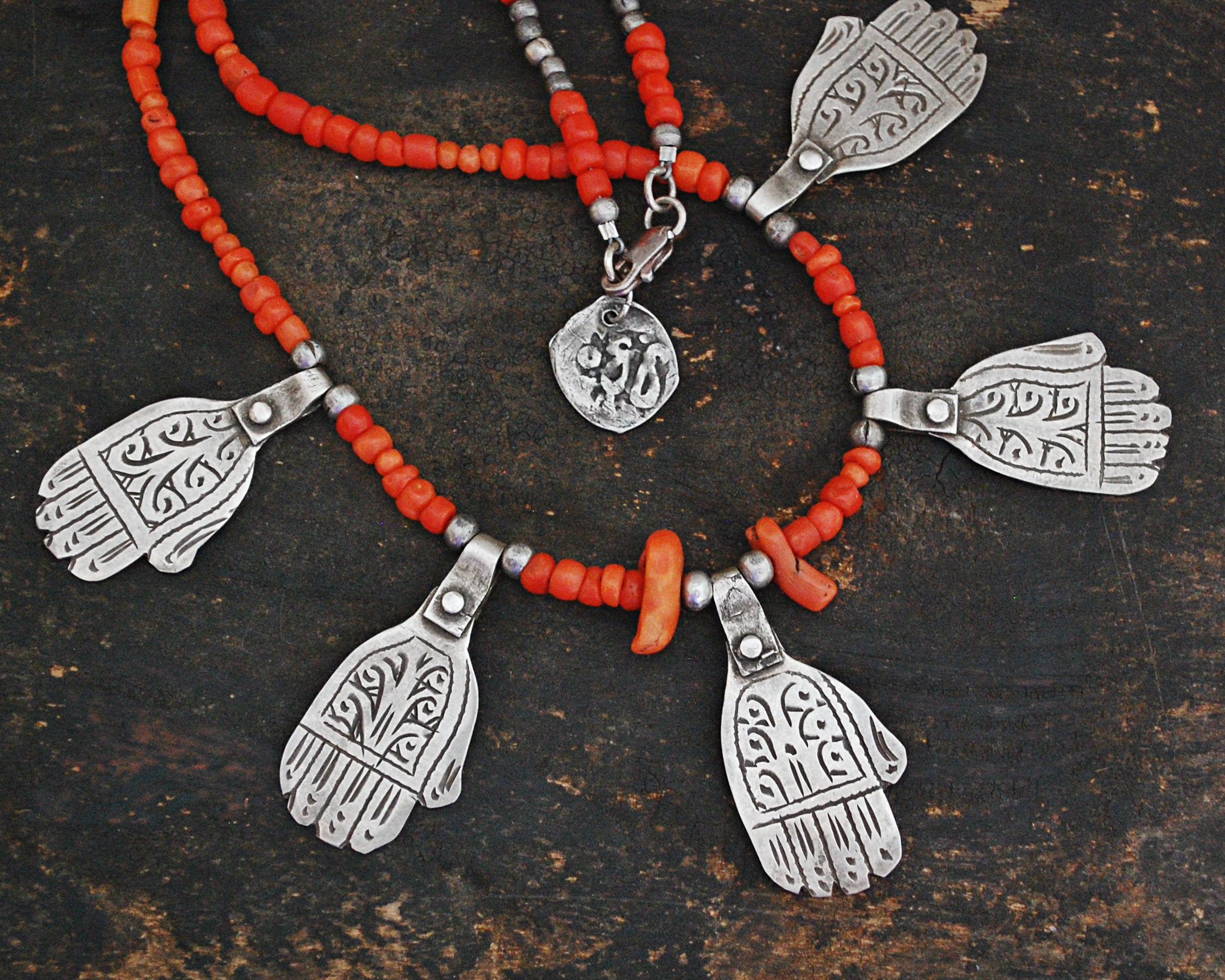 Berber Hamsa Coral Necklace with Silver Beads and Coin