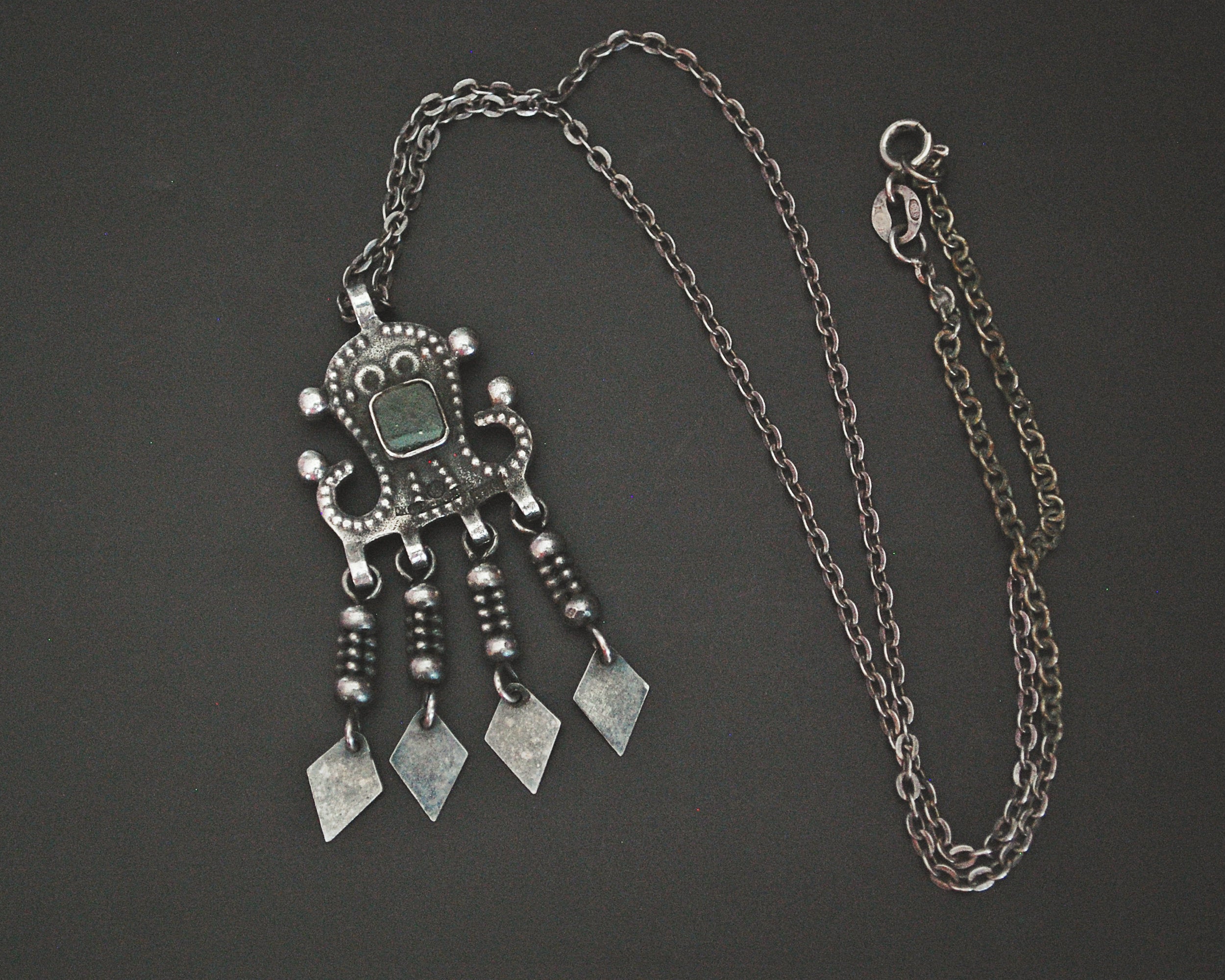 Ethnic Pendant with Tassels on Silver Chain - Green Stone