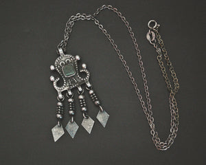 Ethnic Pendant with Tassels on Silver Chain - Green Stone