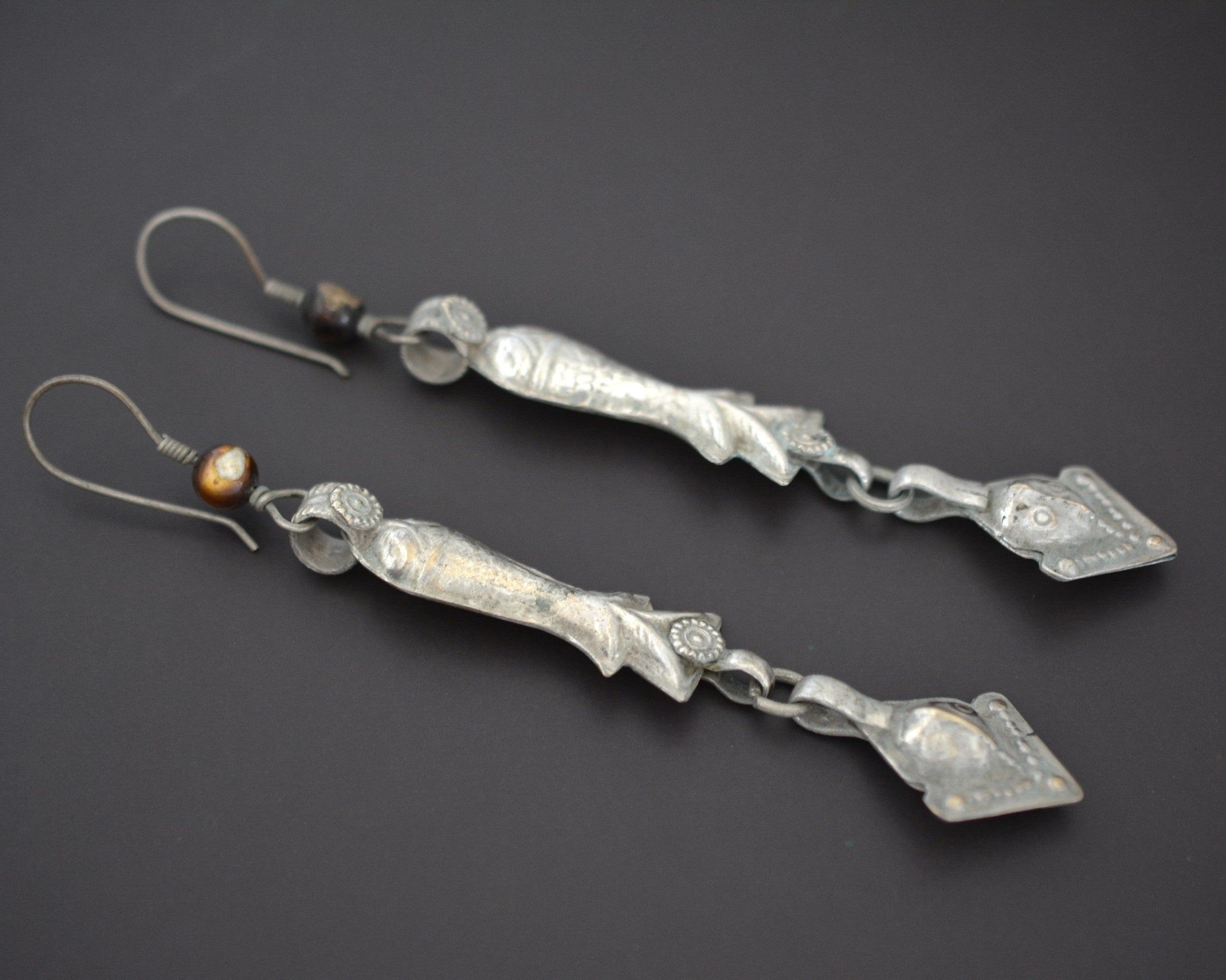 Long Afghani Fish Dangle Earrings with Tiger Eye Bead