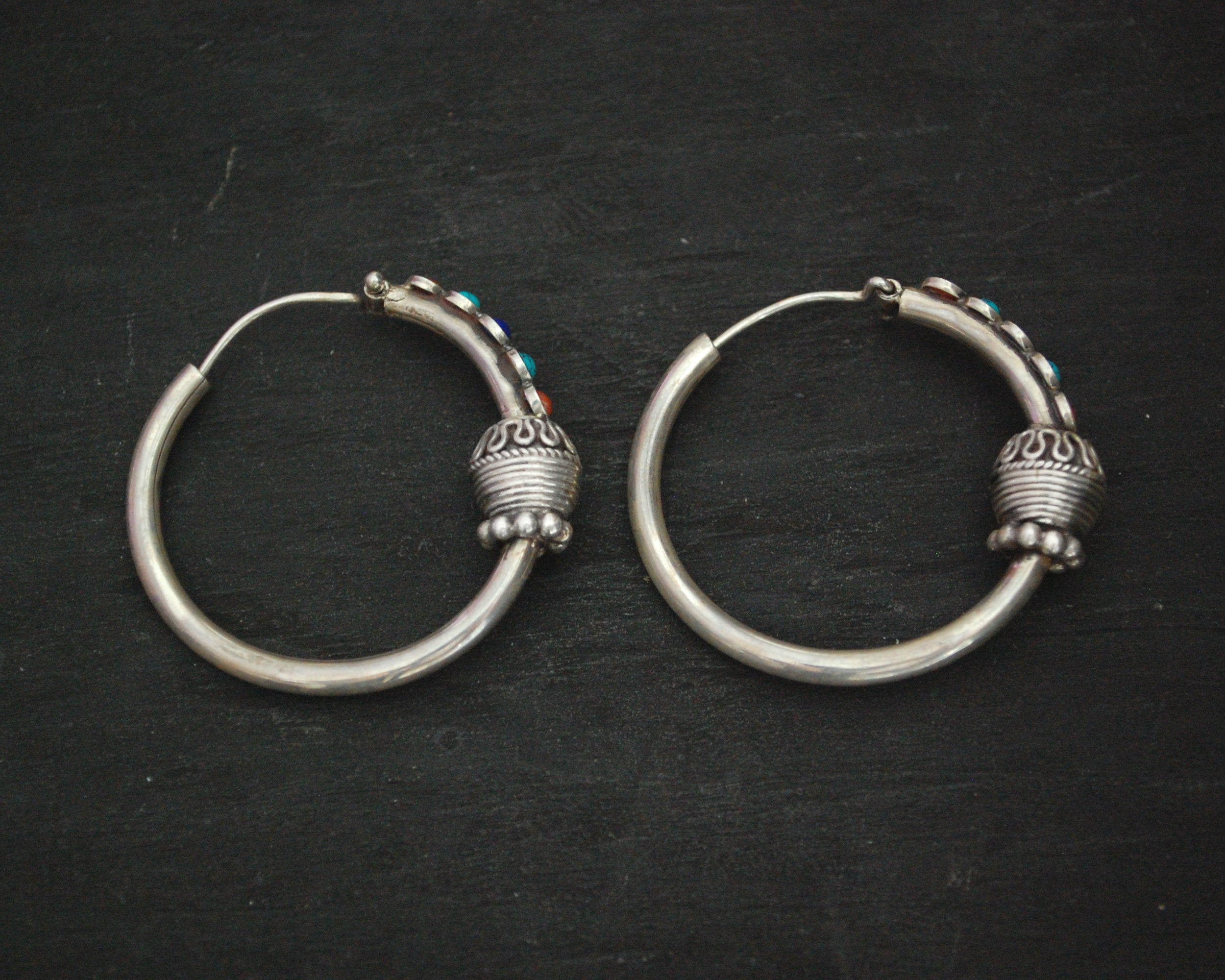 Ethnic Hoop Earrings with Turquoise, Coral, Lapis Lazuli