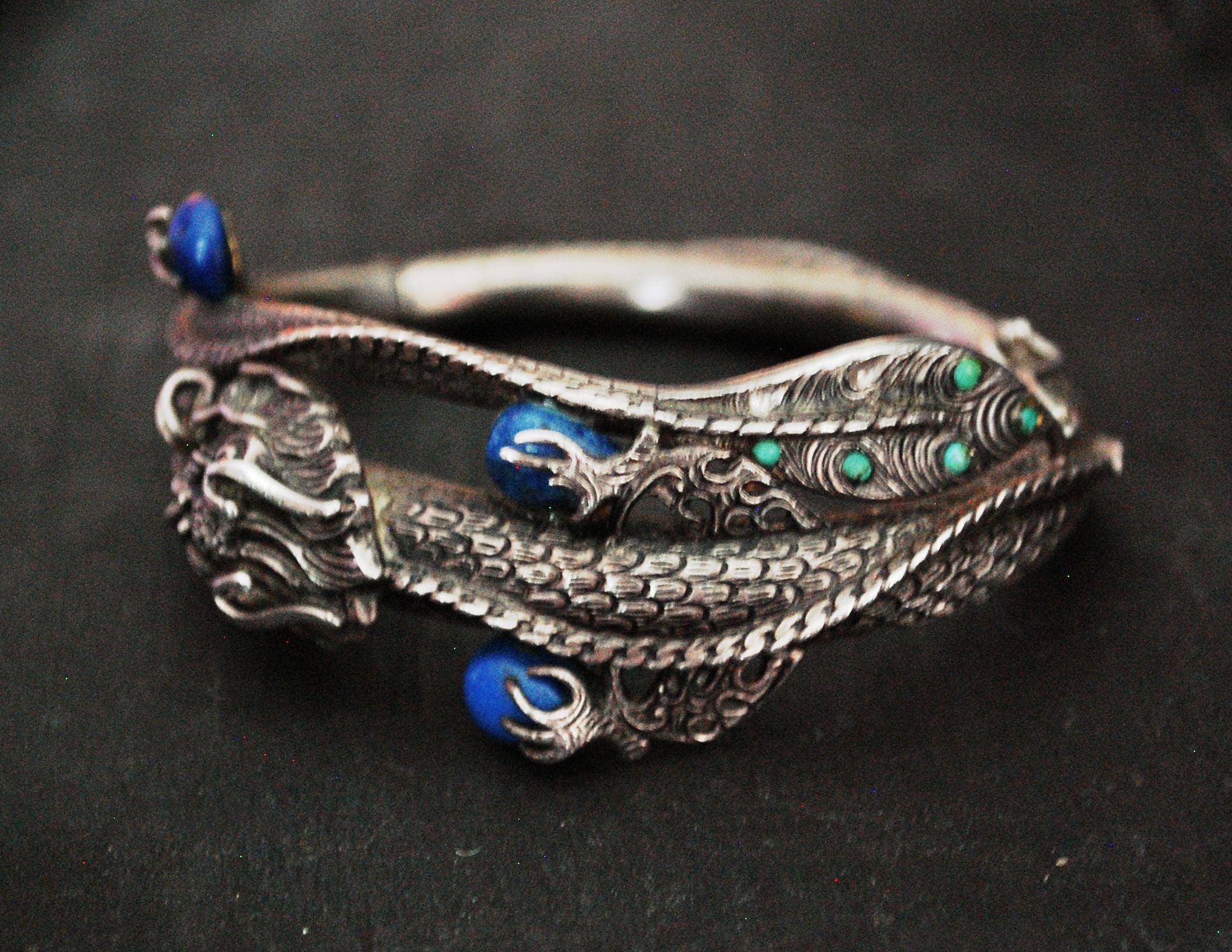 Fabulous Nepali Hinged Dragon Bracelet with Lapis Lazuli, Coral and Turquoise