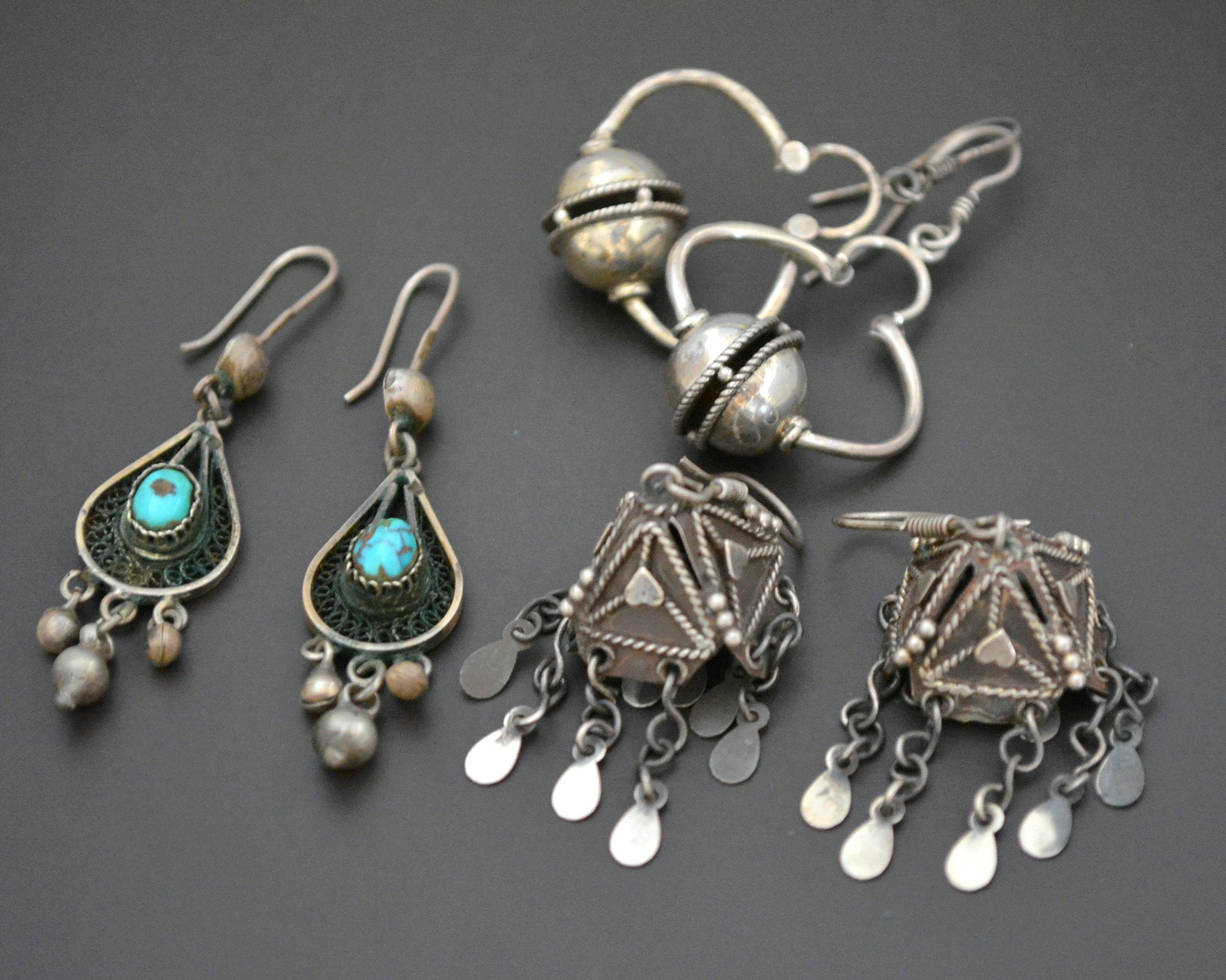 Set of Three Ethnic Silver Turquoise Dangle Earrings