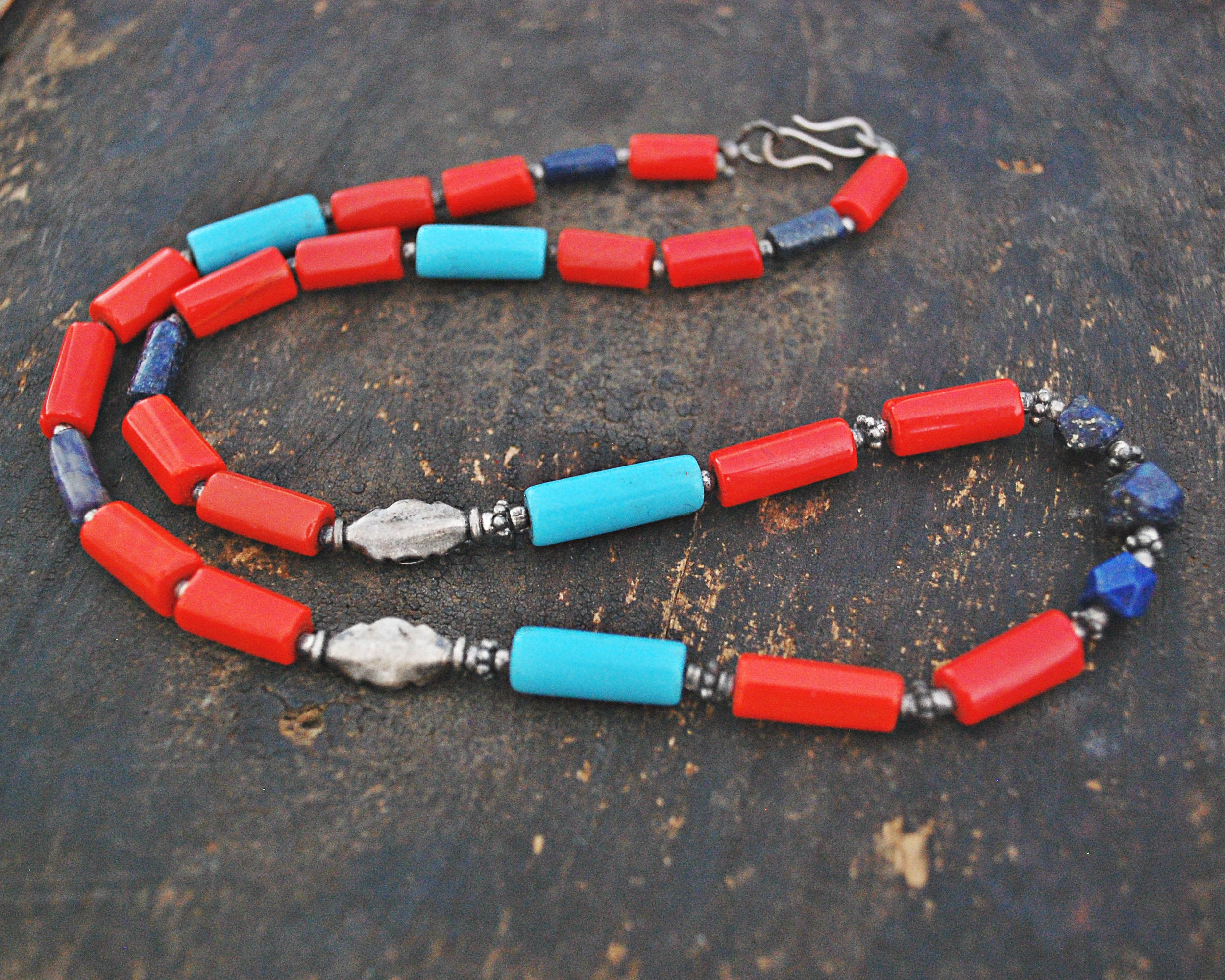 Ethnic Coral, Turquoise and Lapis Lazuli Silver Beads Necklace from India