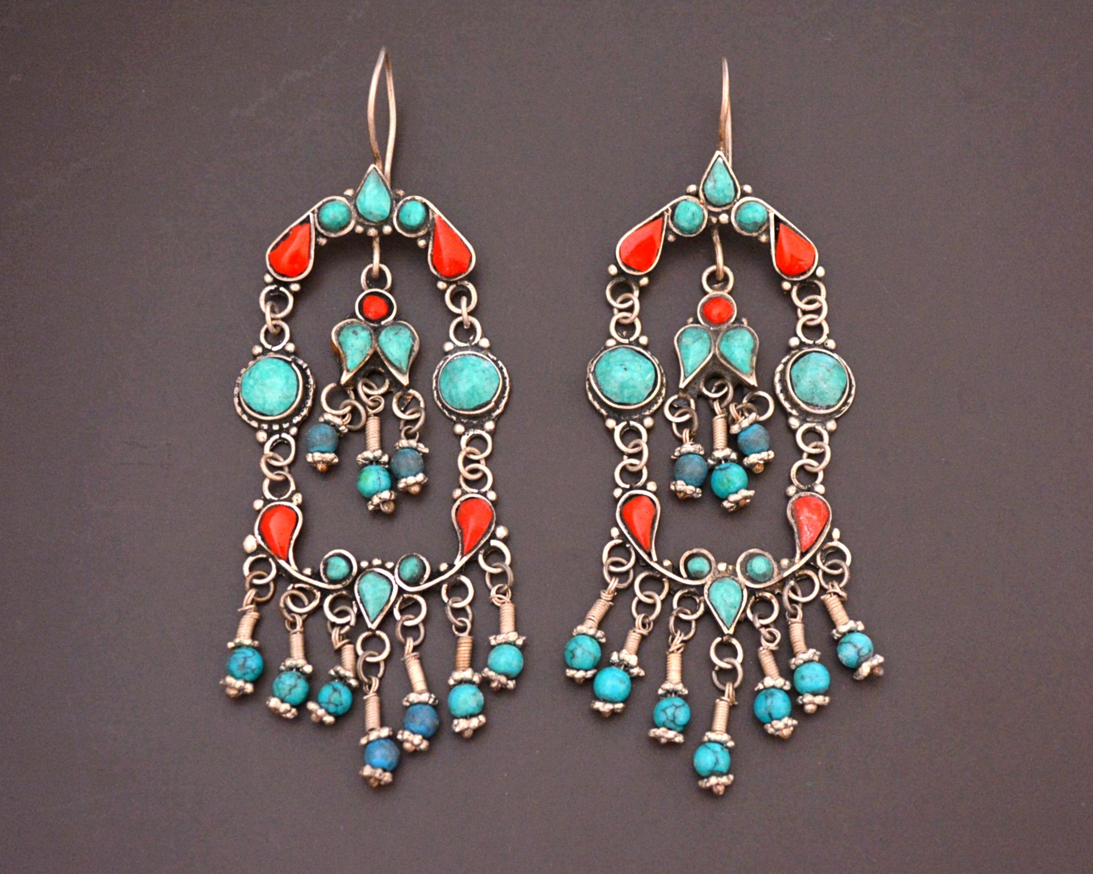 Uzbek Silver Turquoise Coral Earrings