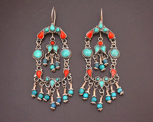Uzbek Silver Turquoise Coral Earrings