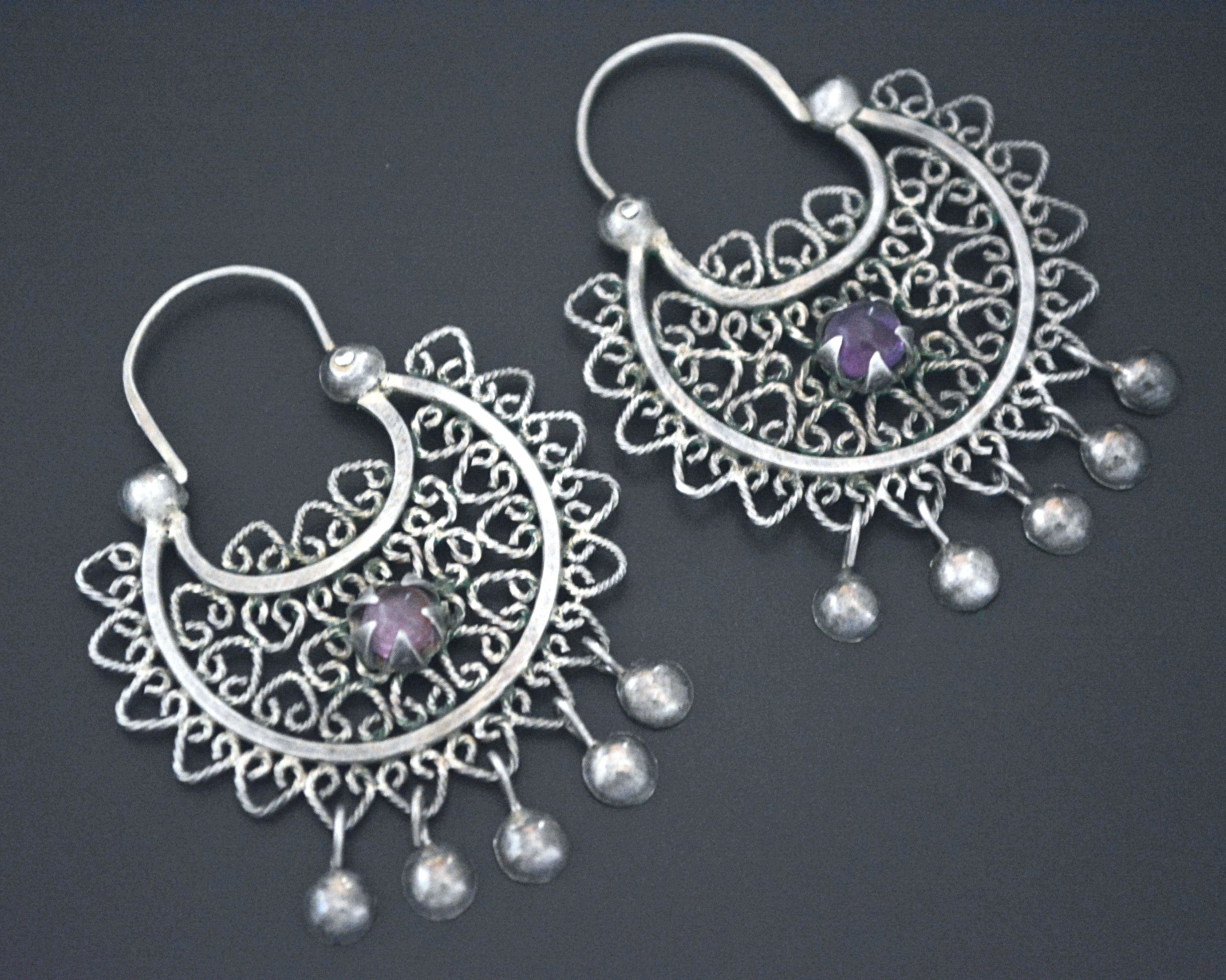 Filigree Silver Amethyst Hoop Earrings with Dangles