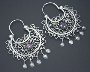 Filigree Silver Amethyst Hoop Earrings with Dangles