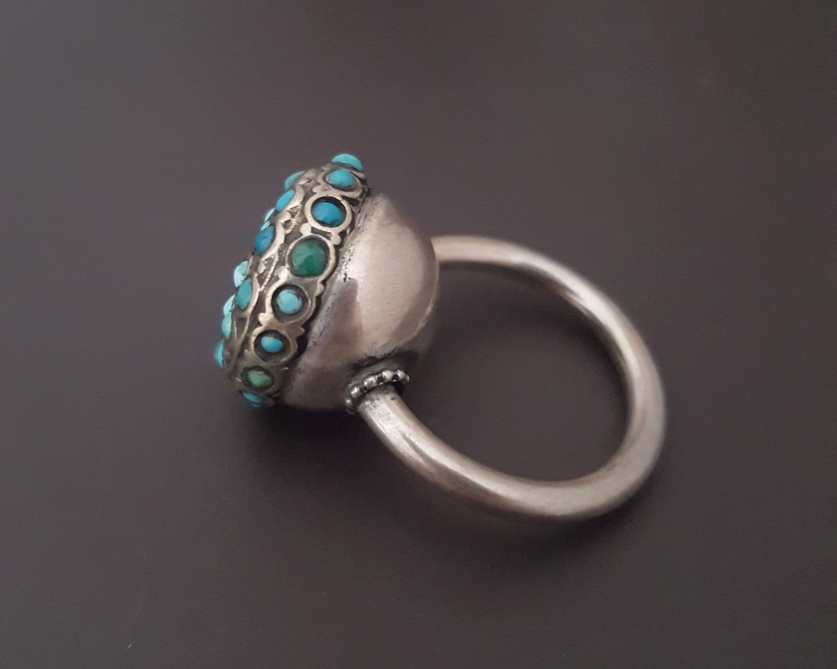 Central Asian Turquoise Garnet Silver Ring - Size 8