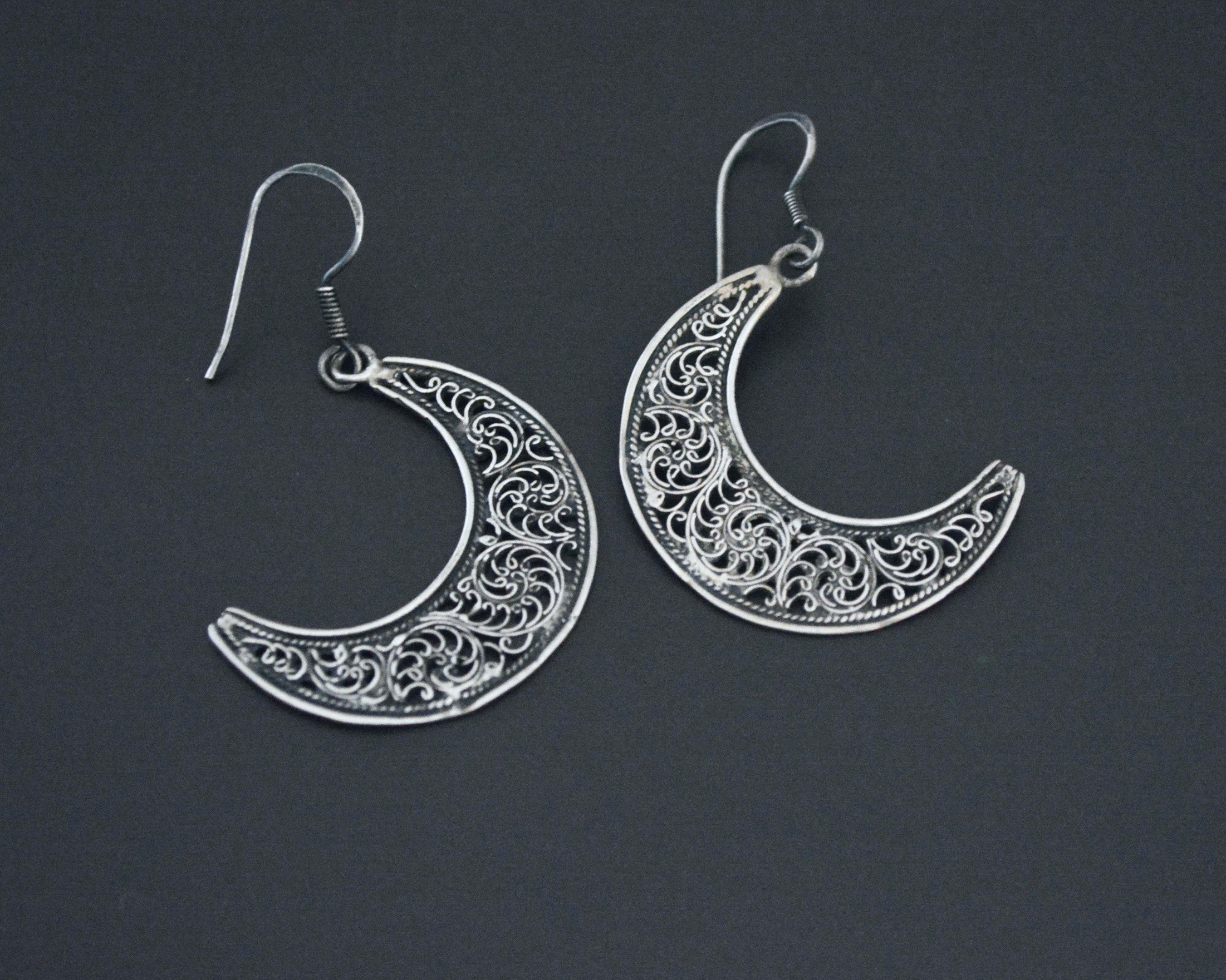Crescent Moon Dangle Earrings with Filigree Work