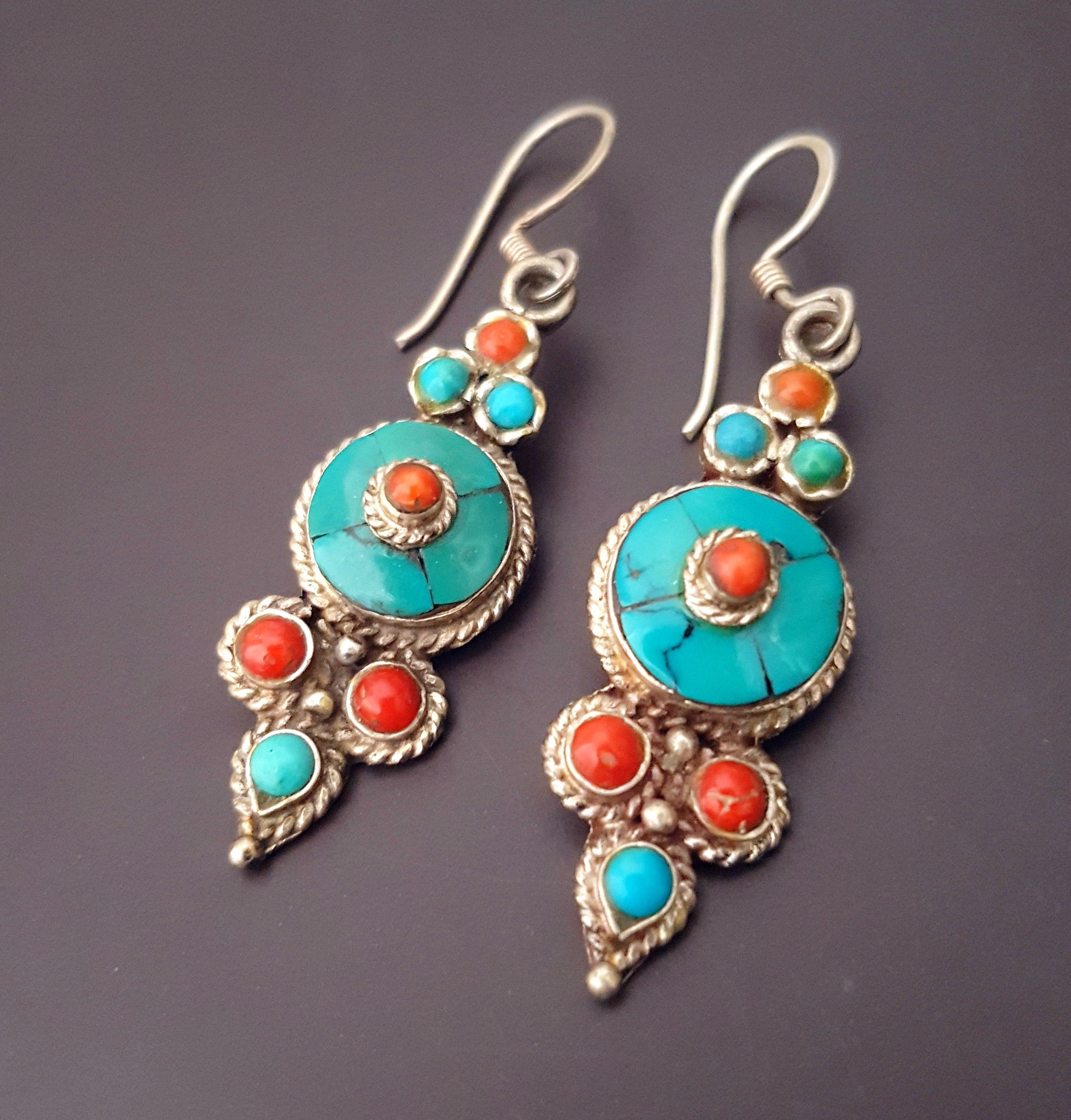 Reserved E._Nepali Tibetan Coral Turquoise Earrings