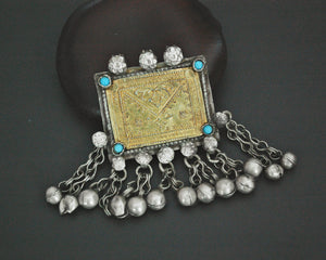 Antique Afghani Silver and Gilded Pendant with Bell Tassels