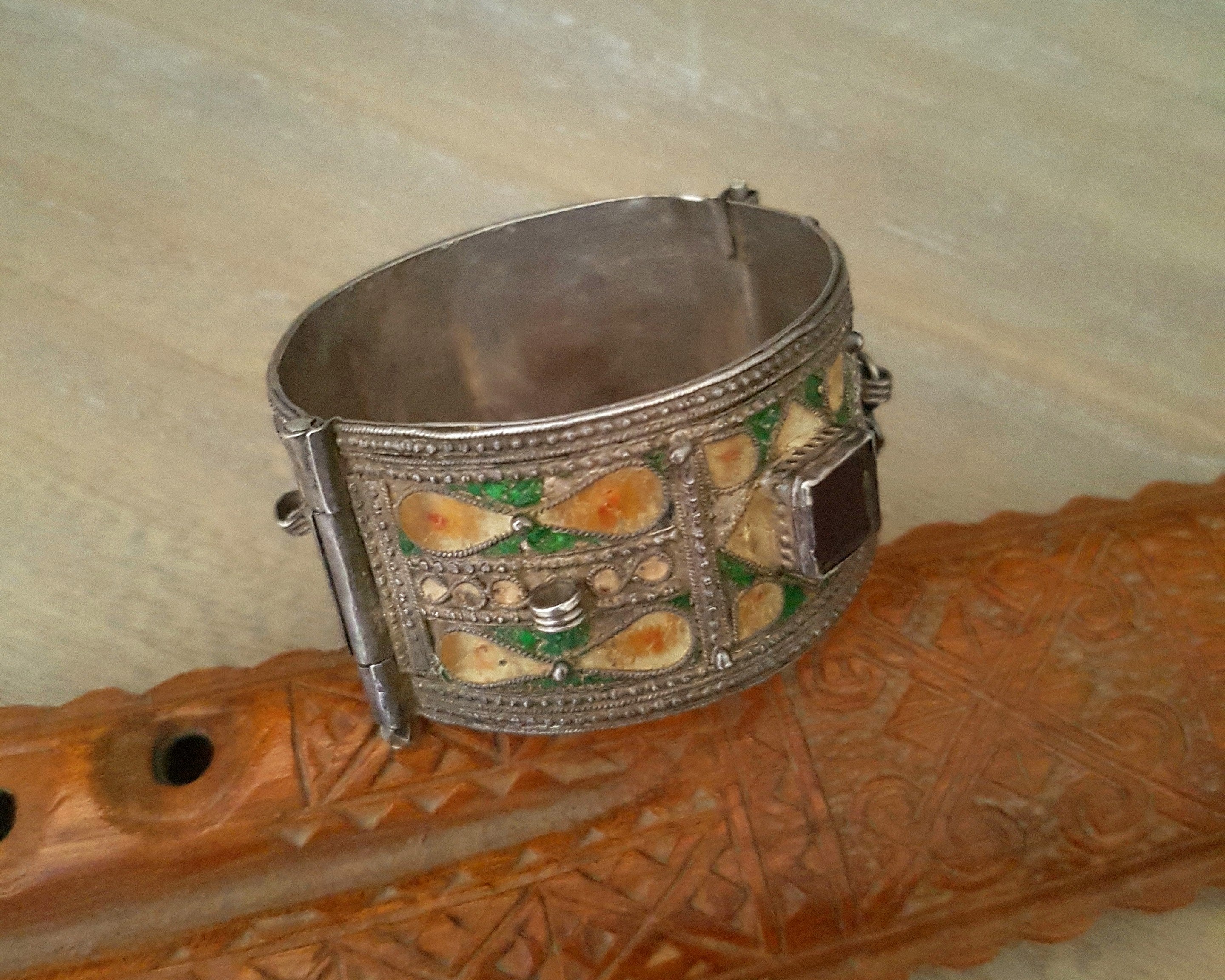 Reserved for R. - Berber Hinged Enamel Bracelet with Glass - SMALL