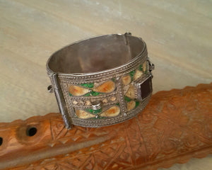 Reserved for R. - Berber Hinged Enamel Bracelet with Glass - SMALL