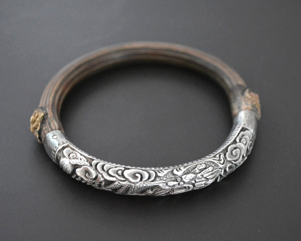 Antique Chinese Bamboo Bracelet with Silver Repoussee Dragon