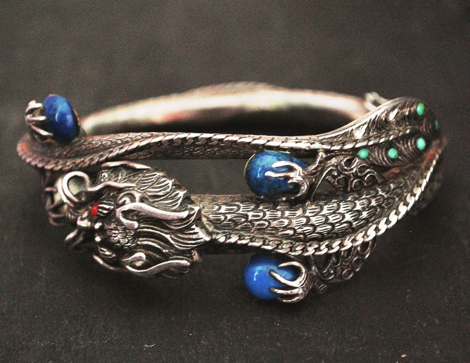 Fabulous Nepali Hinged Dragon Bracelet with Lapis Lazuli, Coral and Turquoise