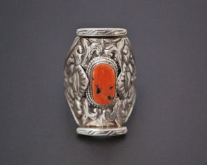 Large Tibetan Coral Saddle Ring - Size 12.5