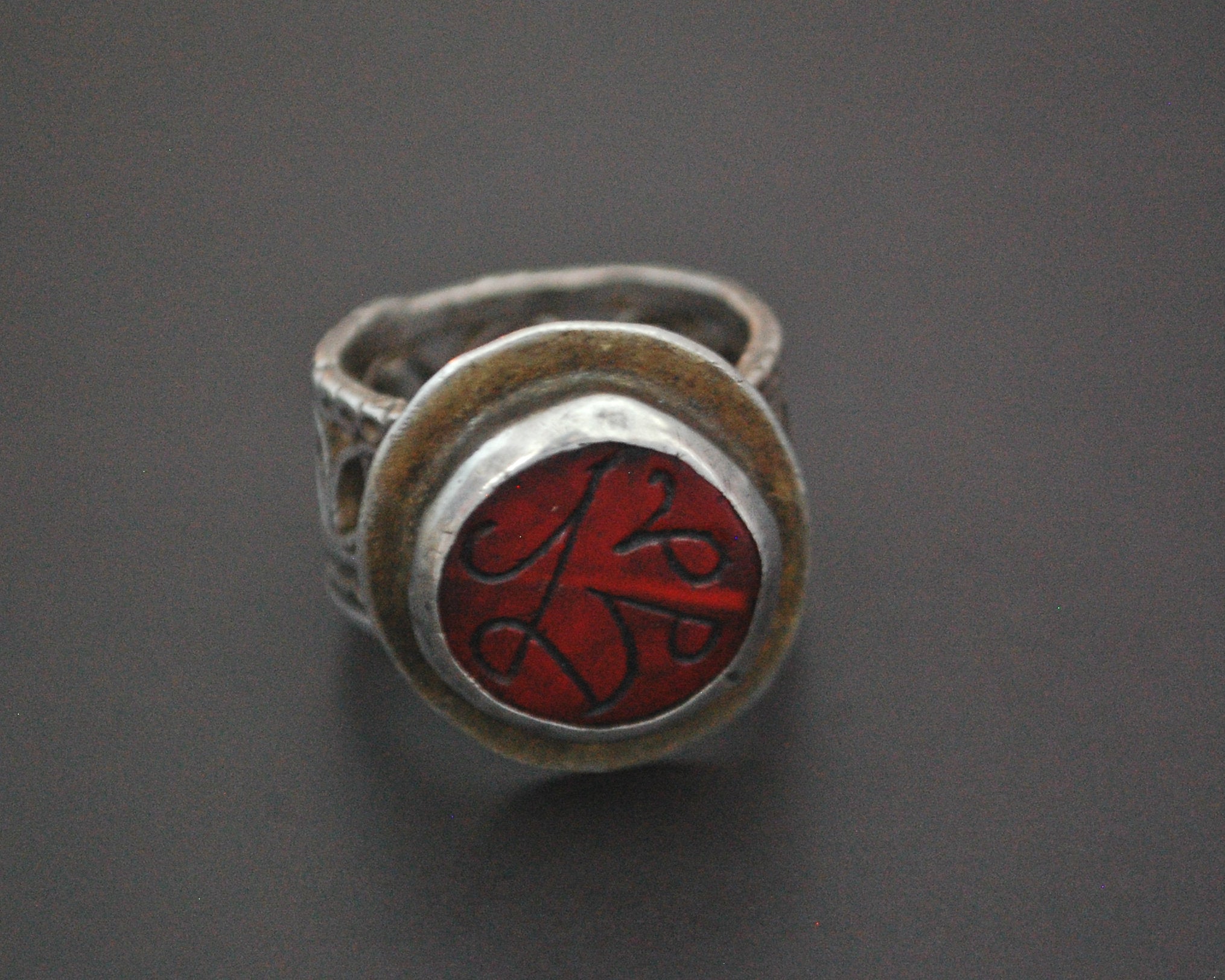 Afghani Silver Ring with Red Glass and Ornate Band - Size 7.5