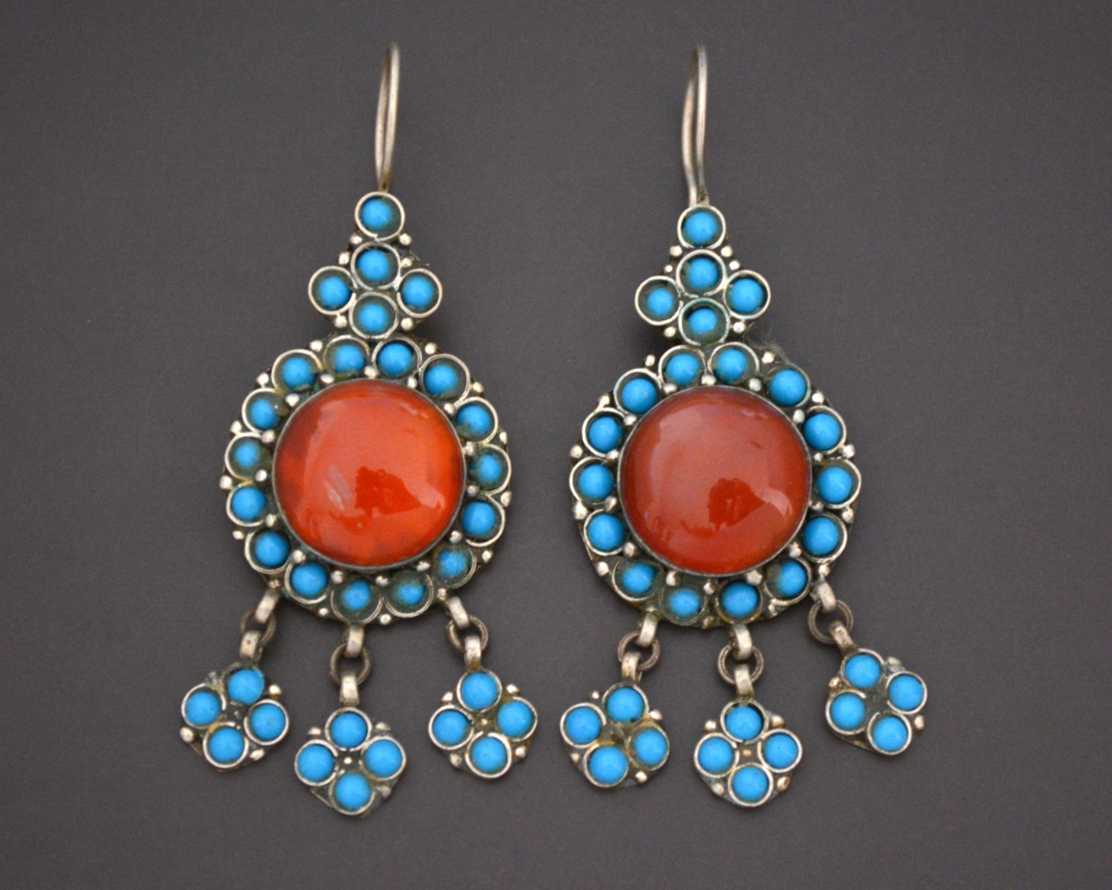 Vintage Turkmen Earrings with Carnelian and Turquoise