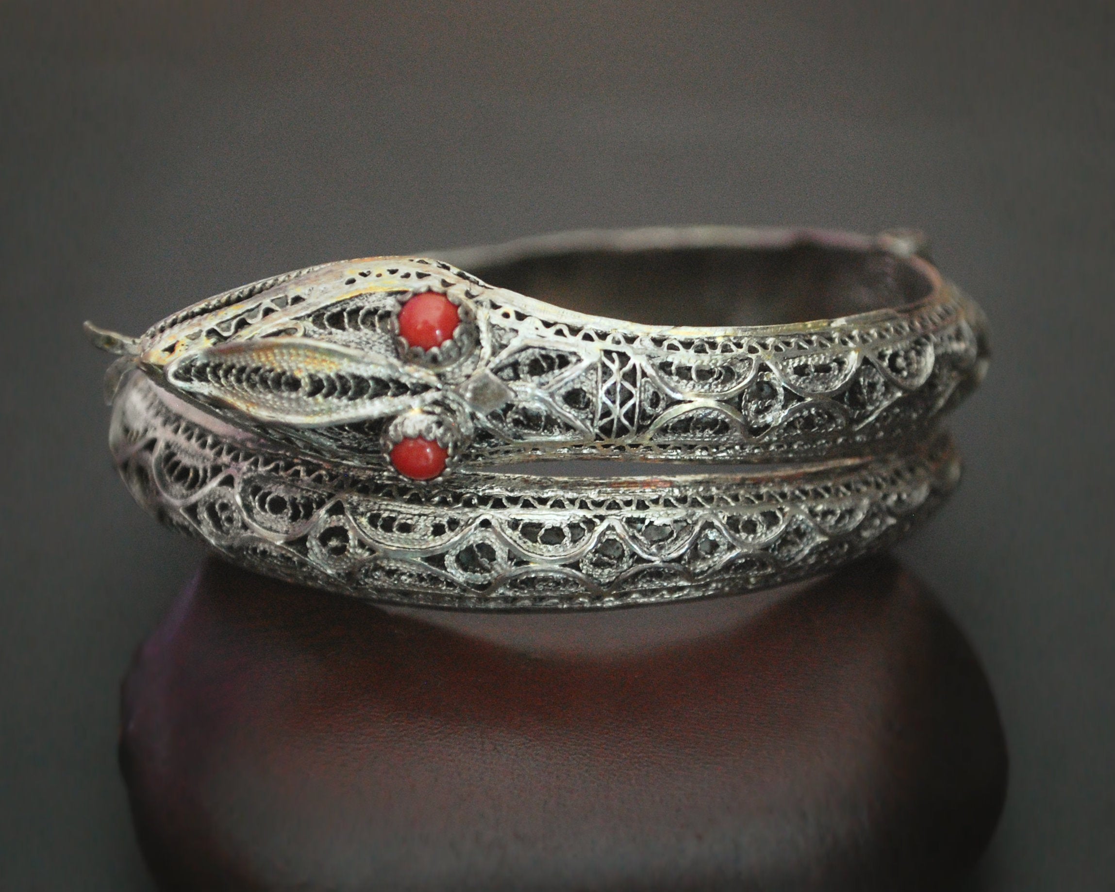 Antique Ottoman Filigree Snake Bracelet with Coral Eyes